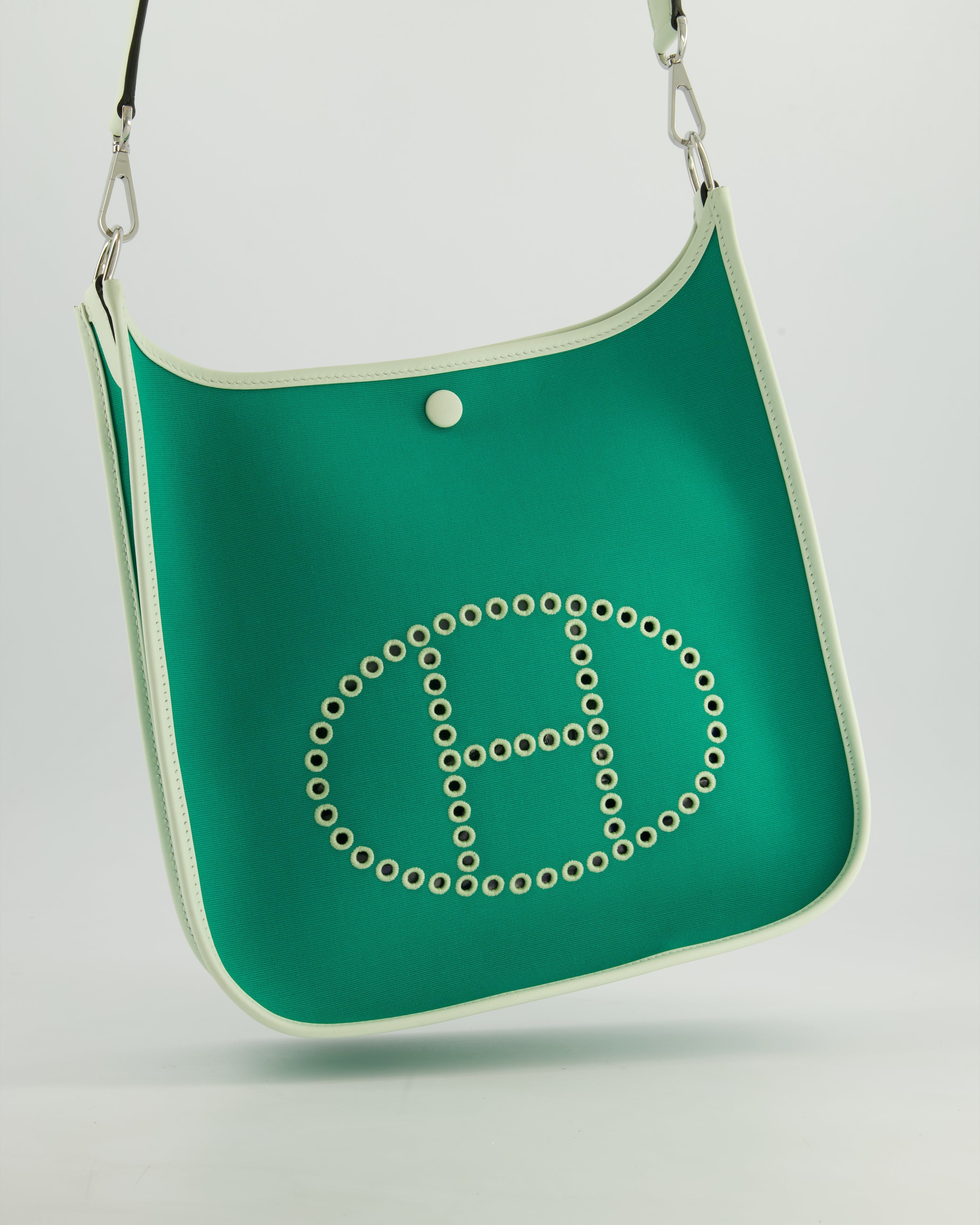 *NEW STYLE* Hermes Neo Evelyne 29cm in Menthe Canvas, Bleu Azteque Interior & Vert Fizz Swift Leather with Palladium Hardware