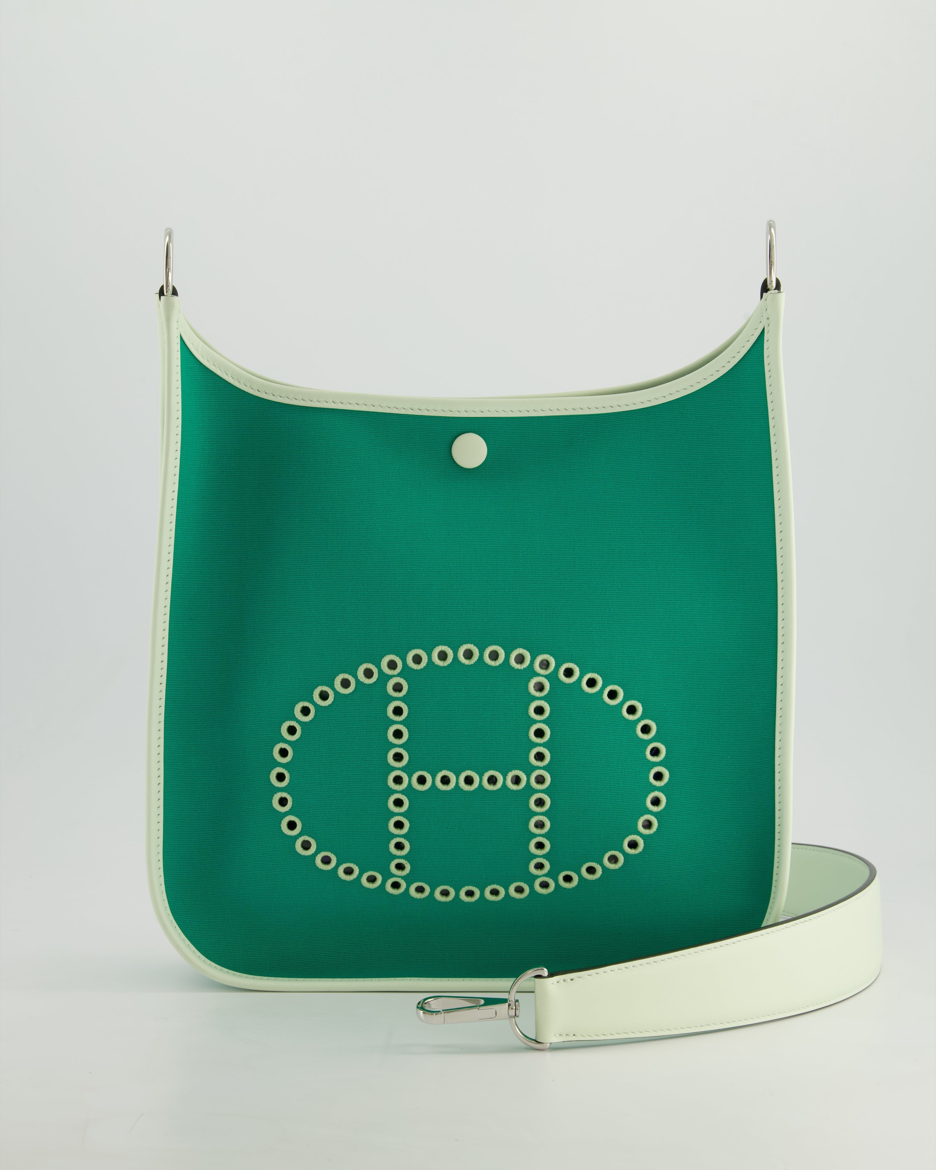 *NEW STYLE* Hermes Neo Evelyne 29cm in Menthe Canvas, Bleu Azteque Interior & Vert Fizz Swift Leather with Palladium Hardware