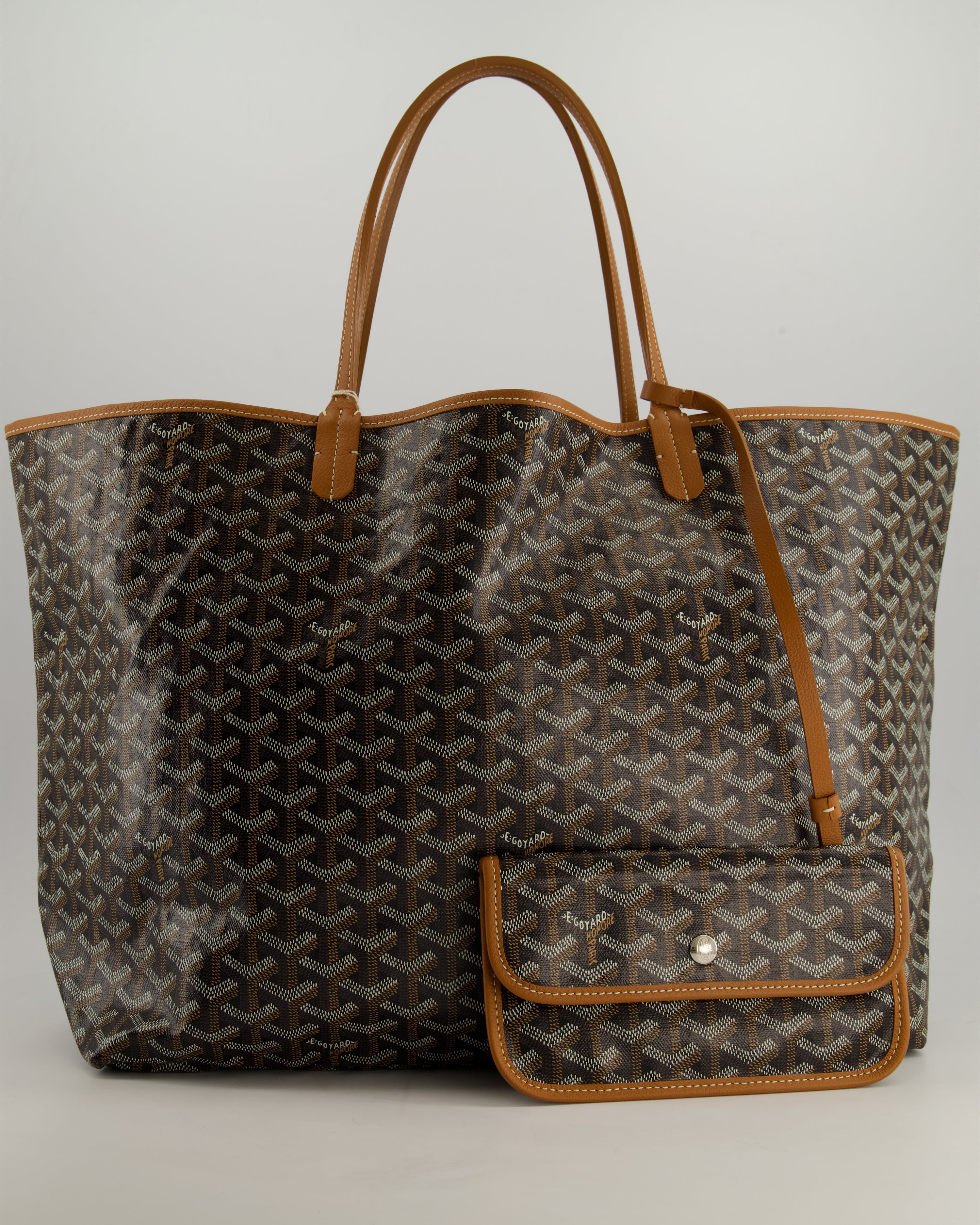 Goyard Saint Louis GM Black Shoulder Tote Bag in Goyardine Canvas and Brown Chevroches Calfskin Leather