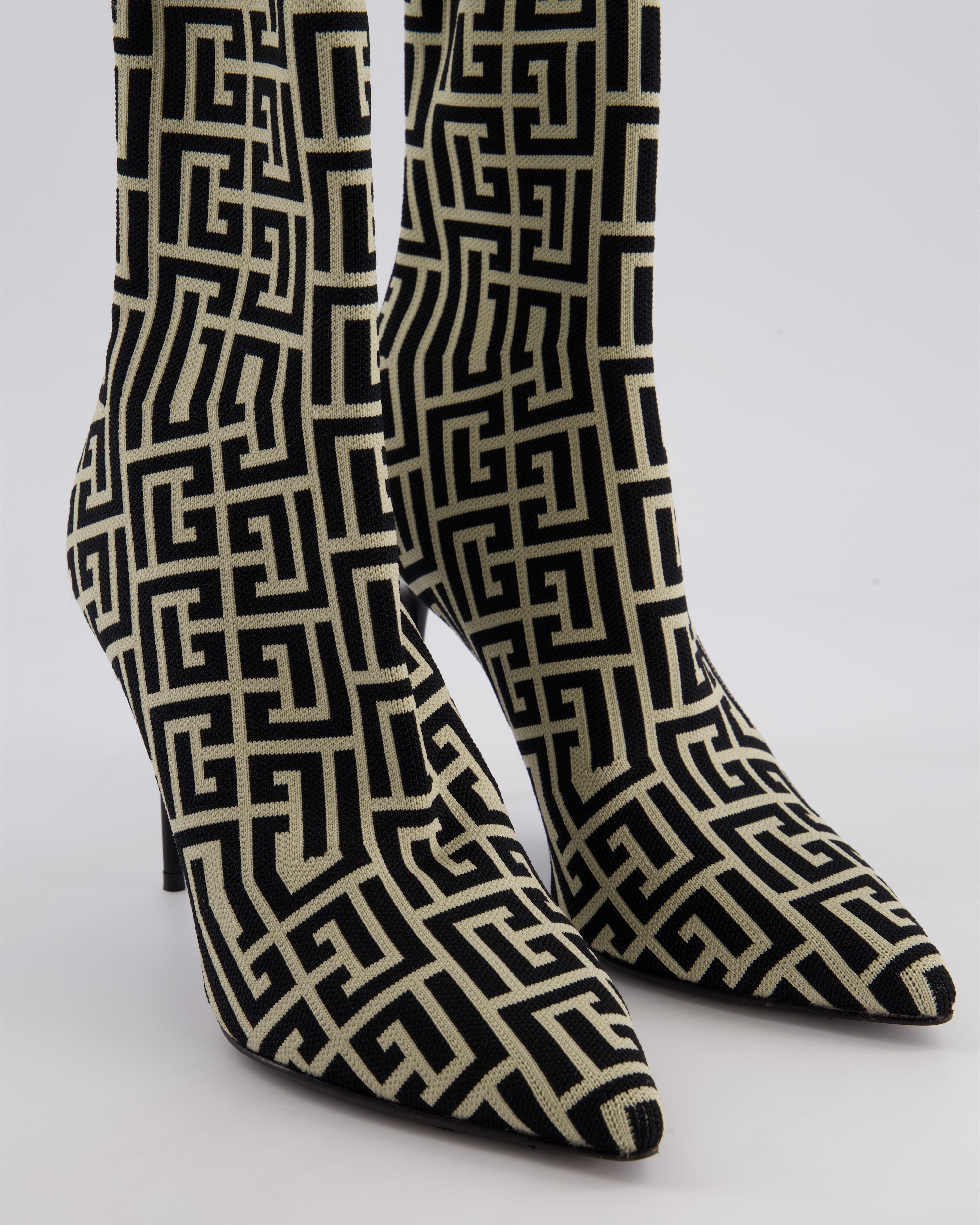 Balmain Black & Cream Raven Monogram Fabric Socks Ankle Boots Size EU 39