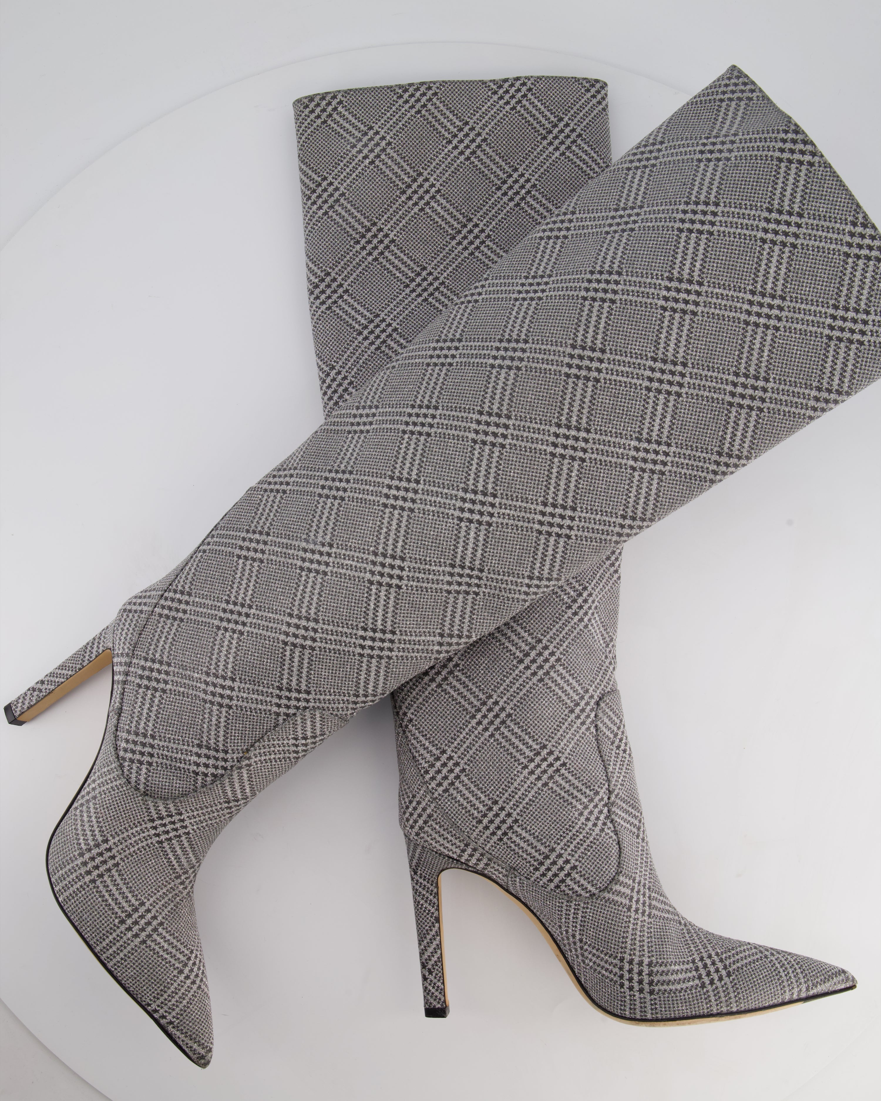 Jimmy Choo Mavis 100 Silver Glitter High Boots with Price of Wales Check Pattern Size EU 39