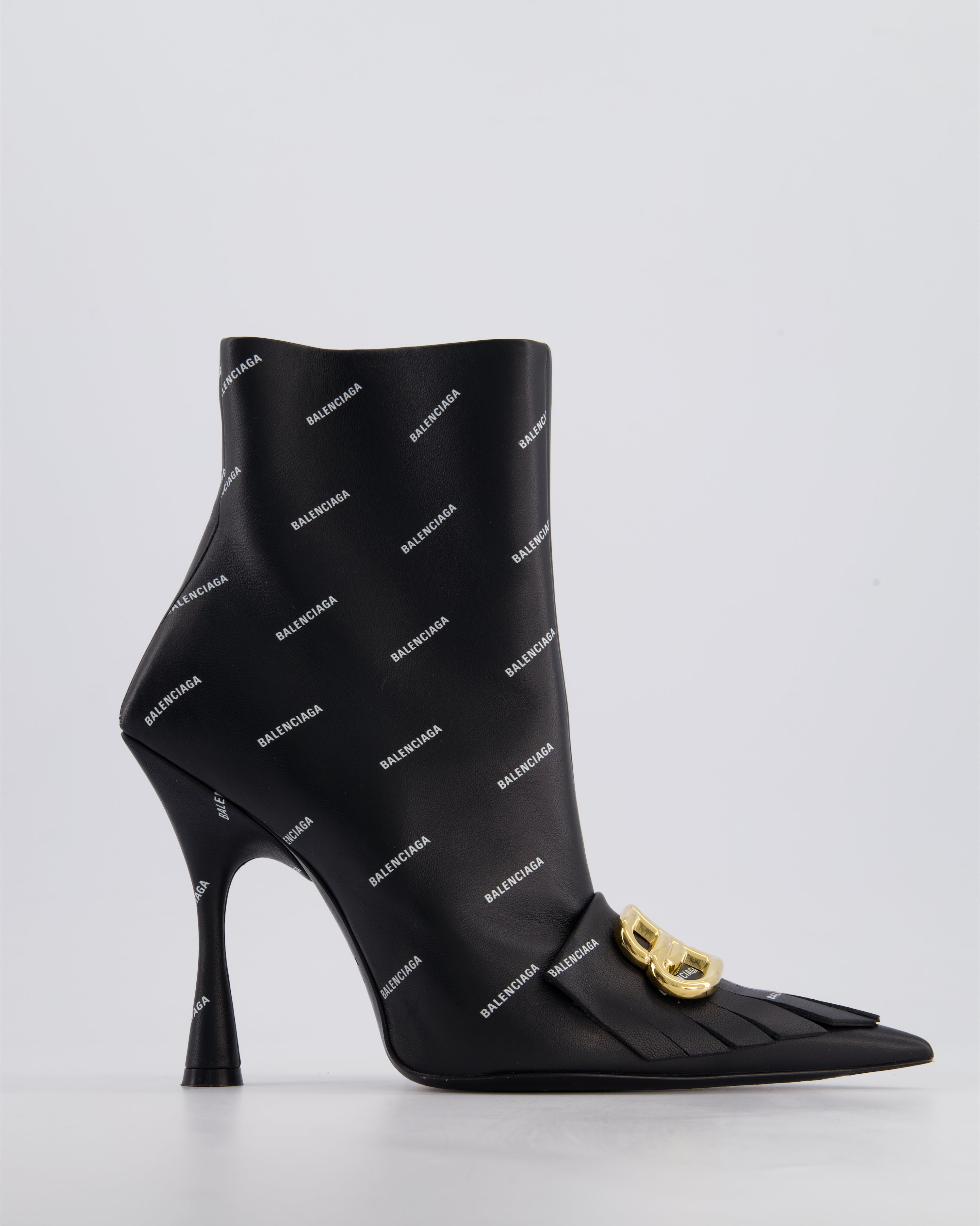 Balenciaga Black Knife BB Fringe Leather Ankle Boots with Gold BB Buckle Size EU 39