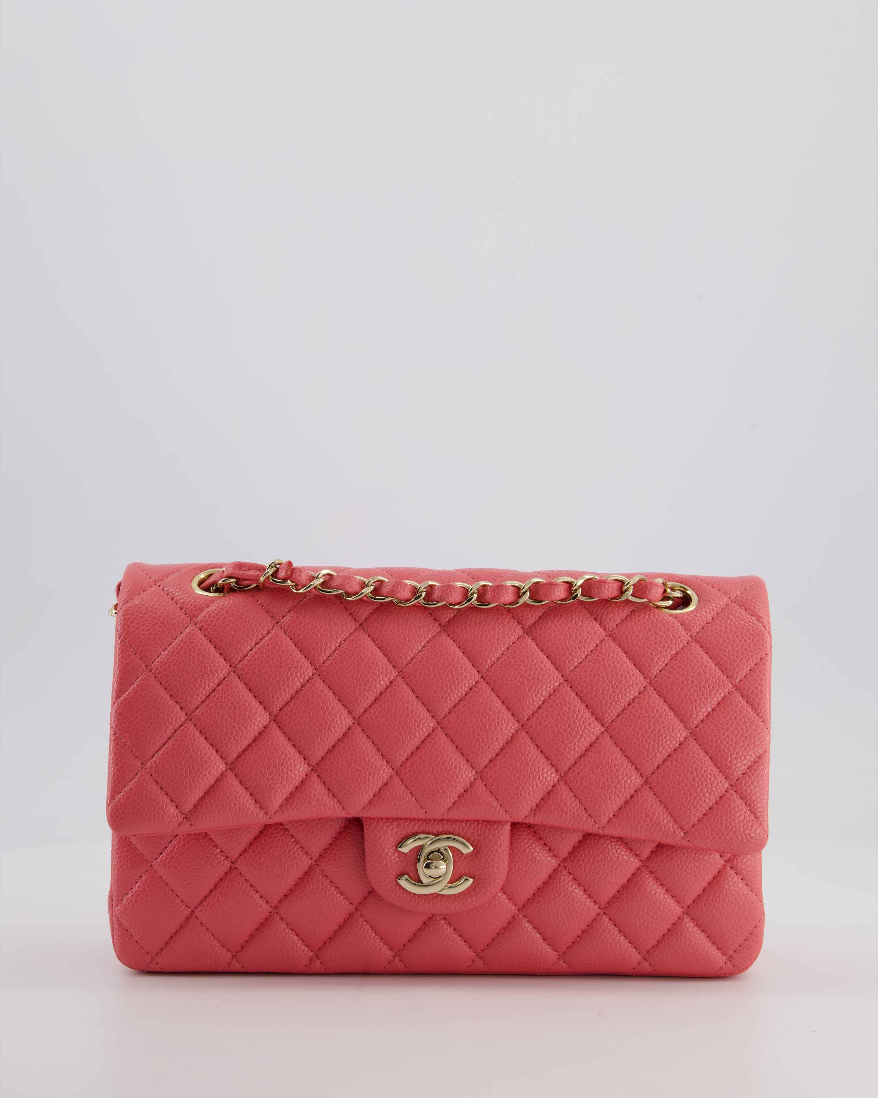 *HOT* Chanel Coral Pink Classic Medium Double Flap Bag in Caviar Leather with Champagne Gold Hardware