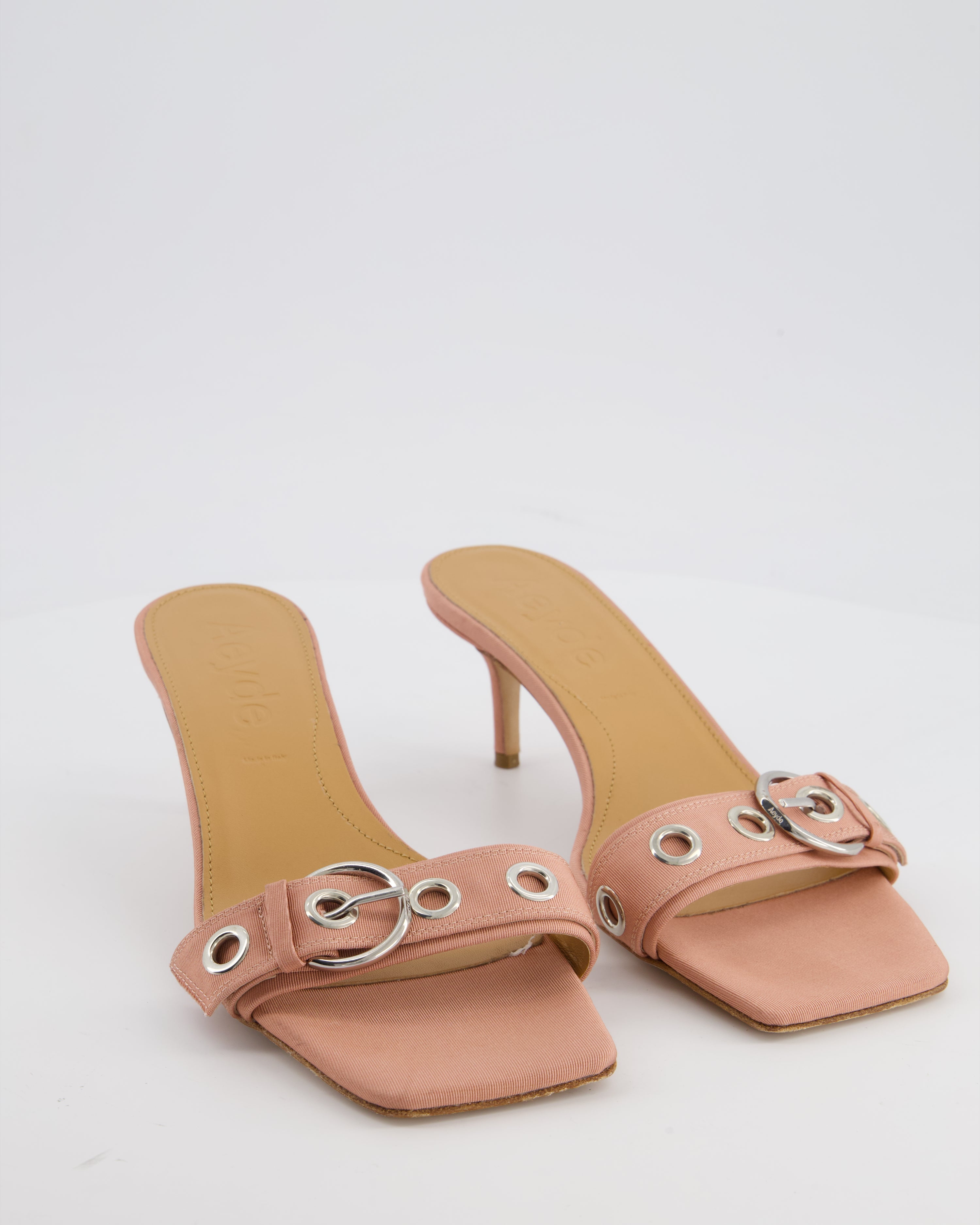 Aeyde Pink Satin Ilvy Eyelet Buckle Grosgrain Mules Size EU 40