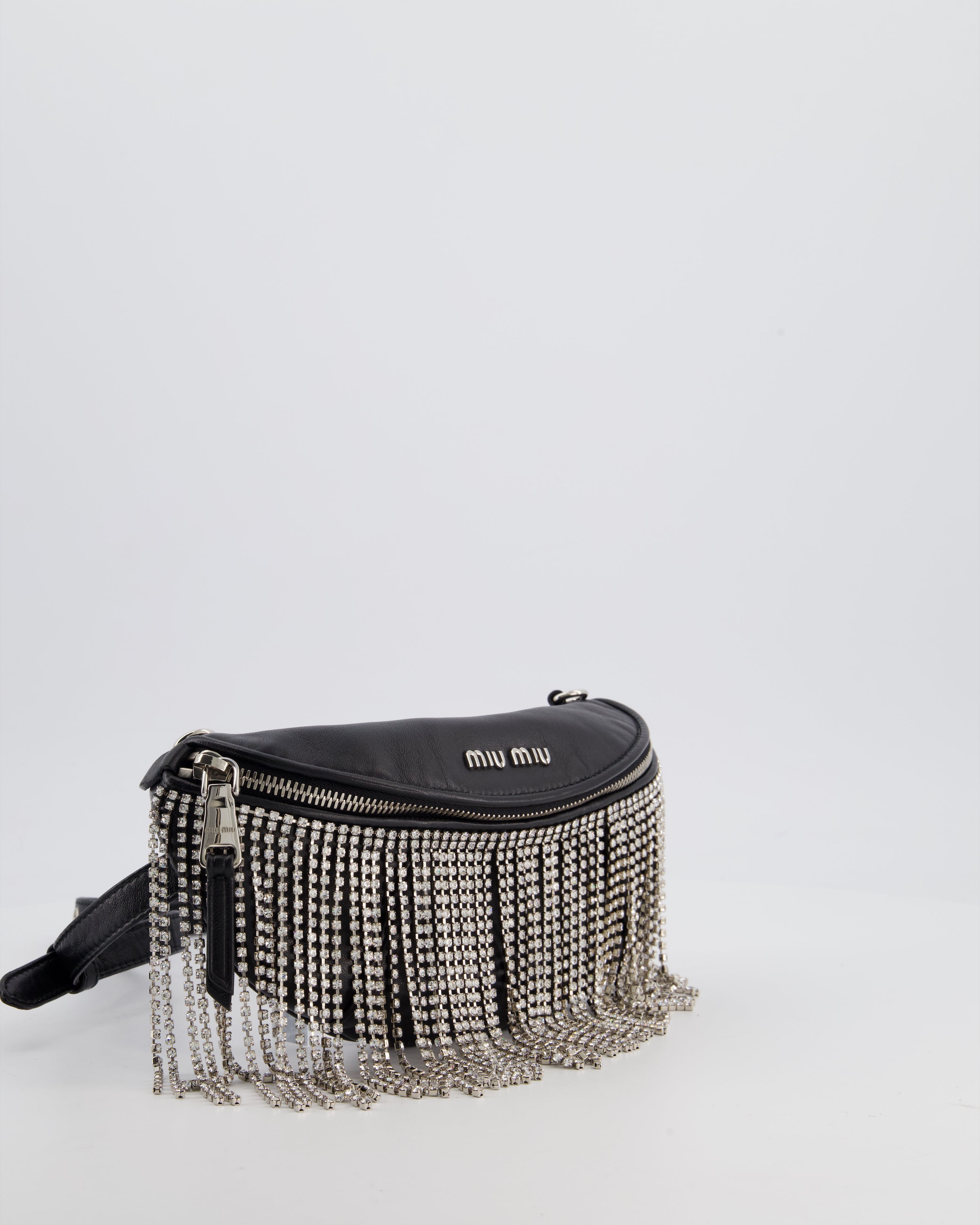 Miu Miu Black Leather Bum Bag with Crystal Tassels and Logo Details
