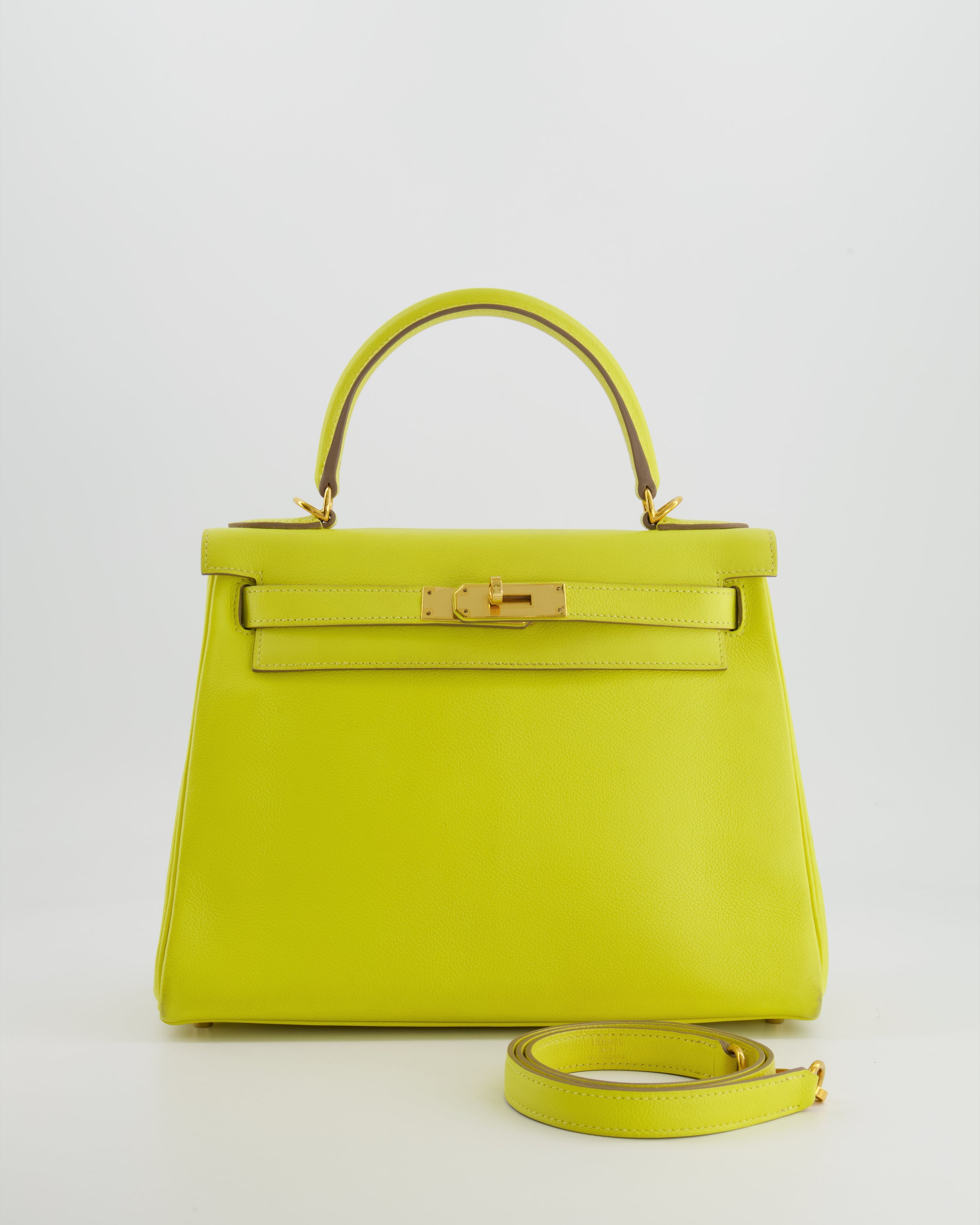 *FIRE PRICE* Hermès Kelly 28 Retourne Bag in Lime Evercolor Leather with Gold Hardware