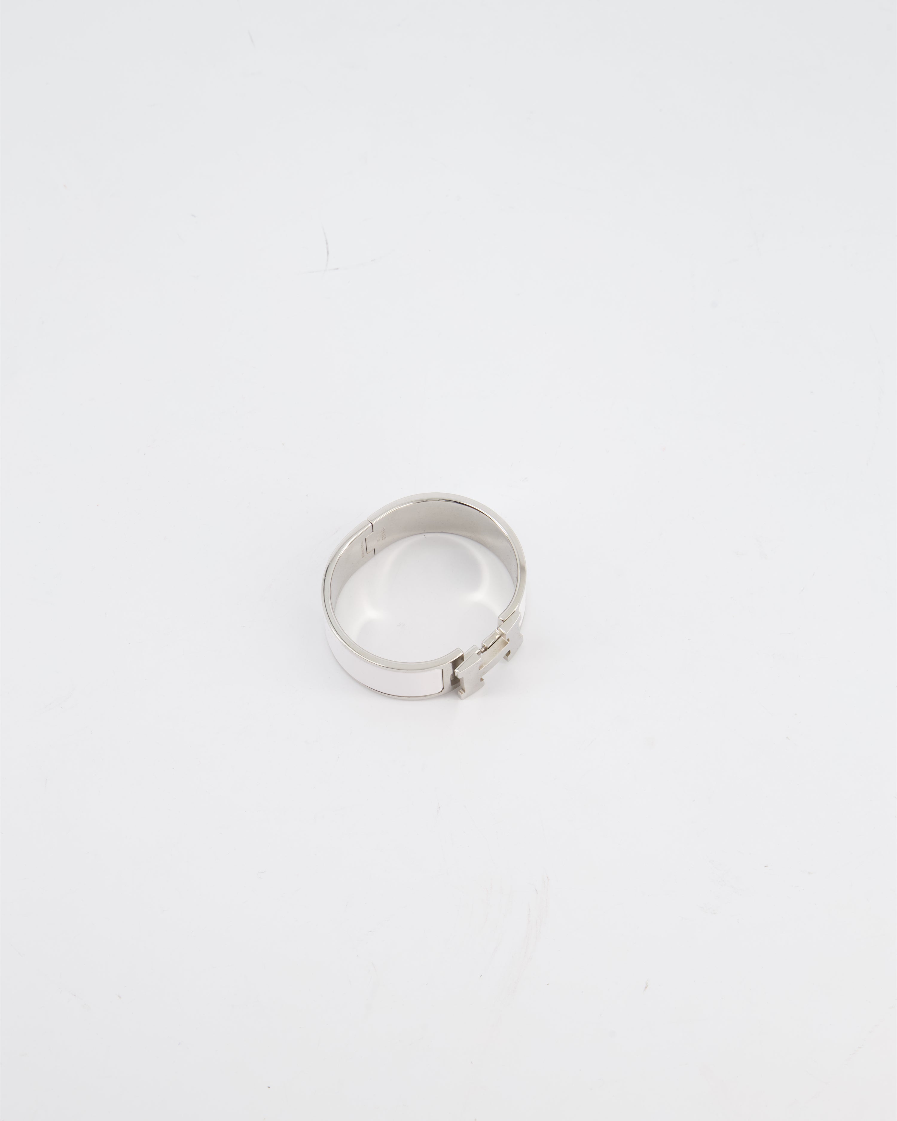 Hermes White Large Clic H Bracelet in Palladium-Plated Metal with Enamel