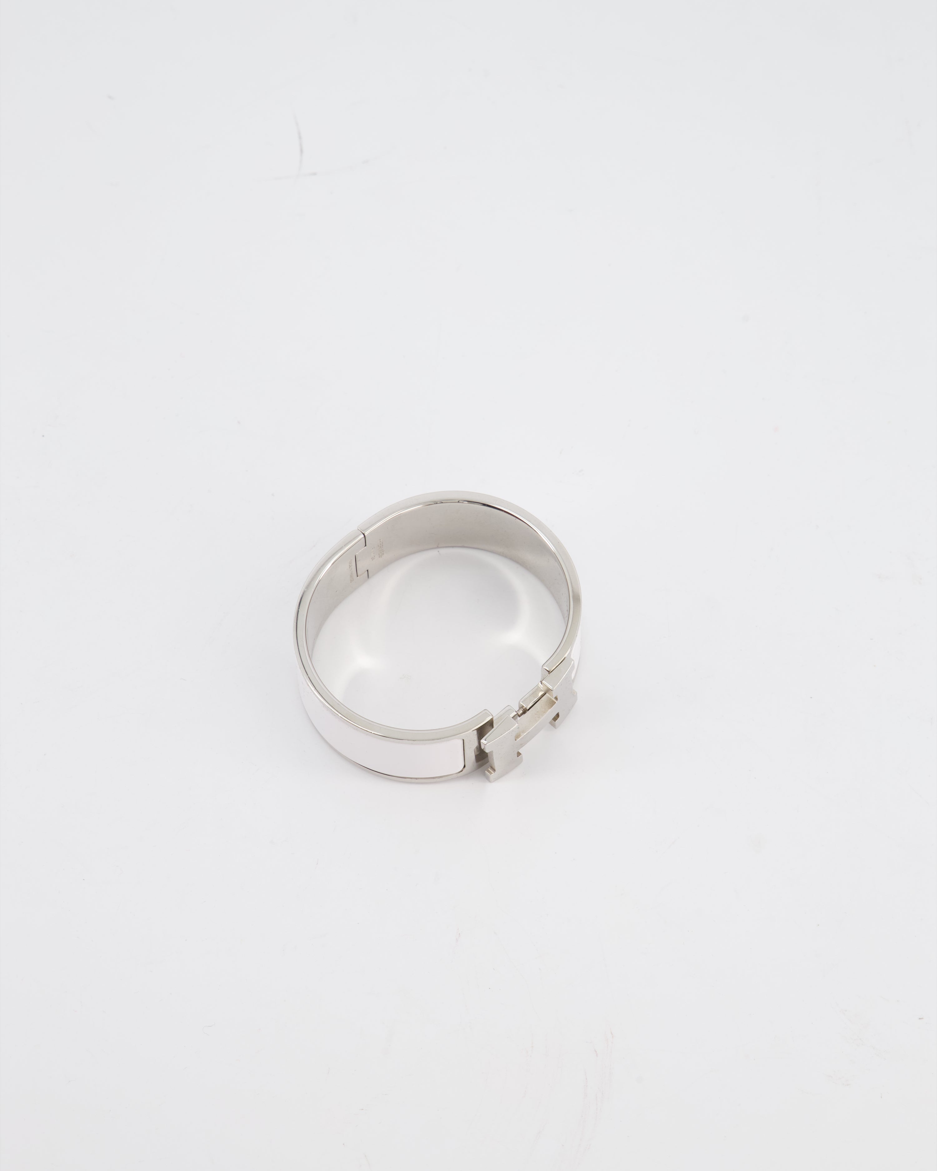 Hermes White Large Clic H Bracelet in Palladium-Plated Metal with Enamel