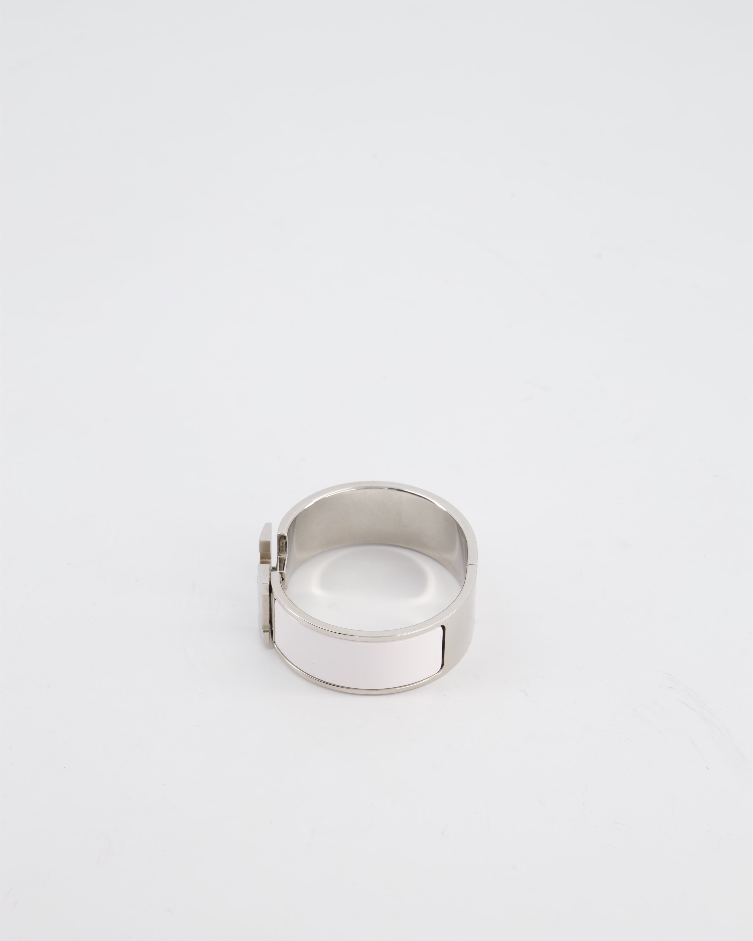 Hermes White Large Clic H Bracelet in Palladium-Plated Metal with Enamel