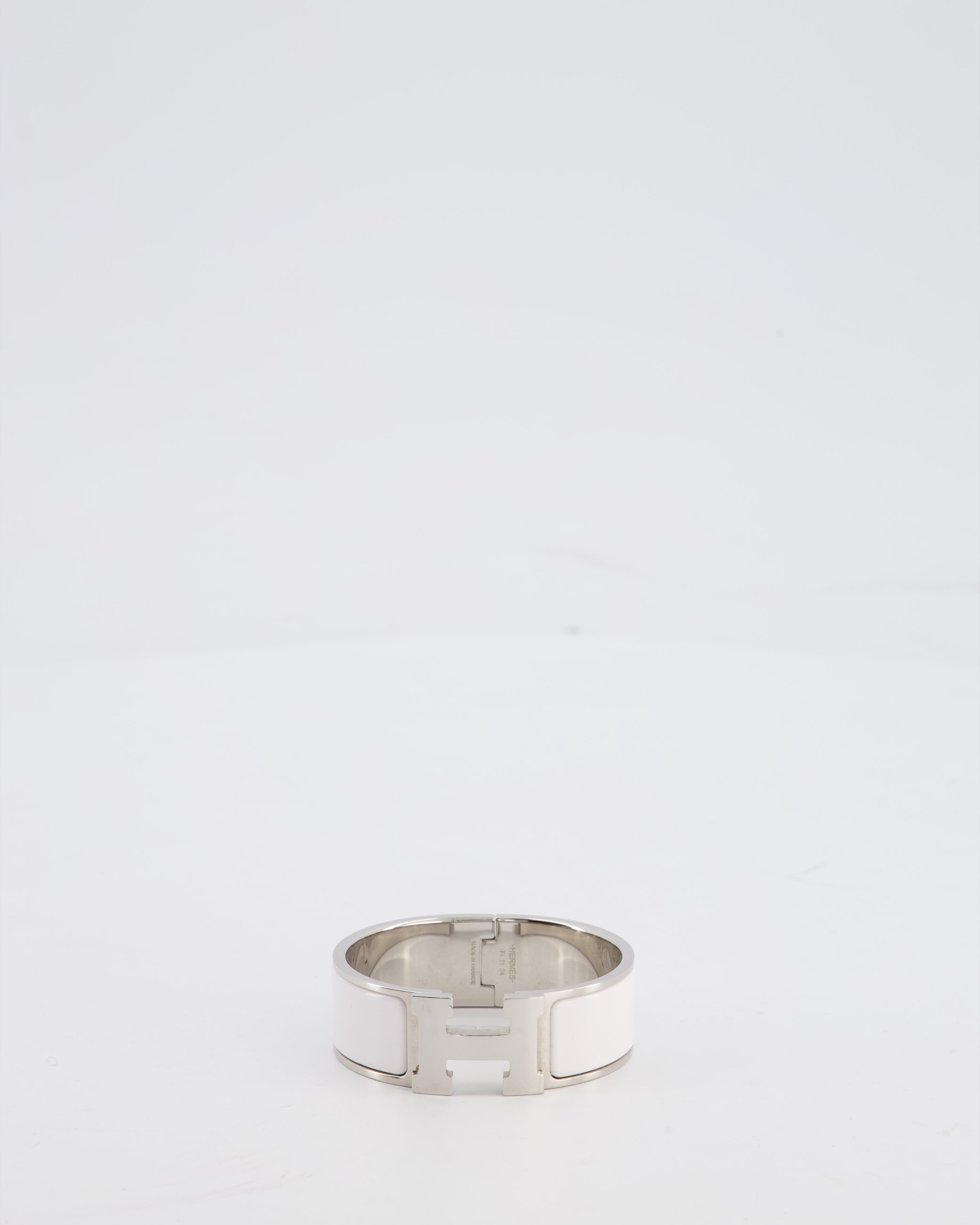 Hermes White Large Clic H Bracelet in Palladium-Plated Metal with Enamel