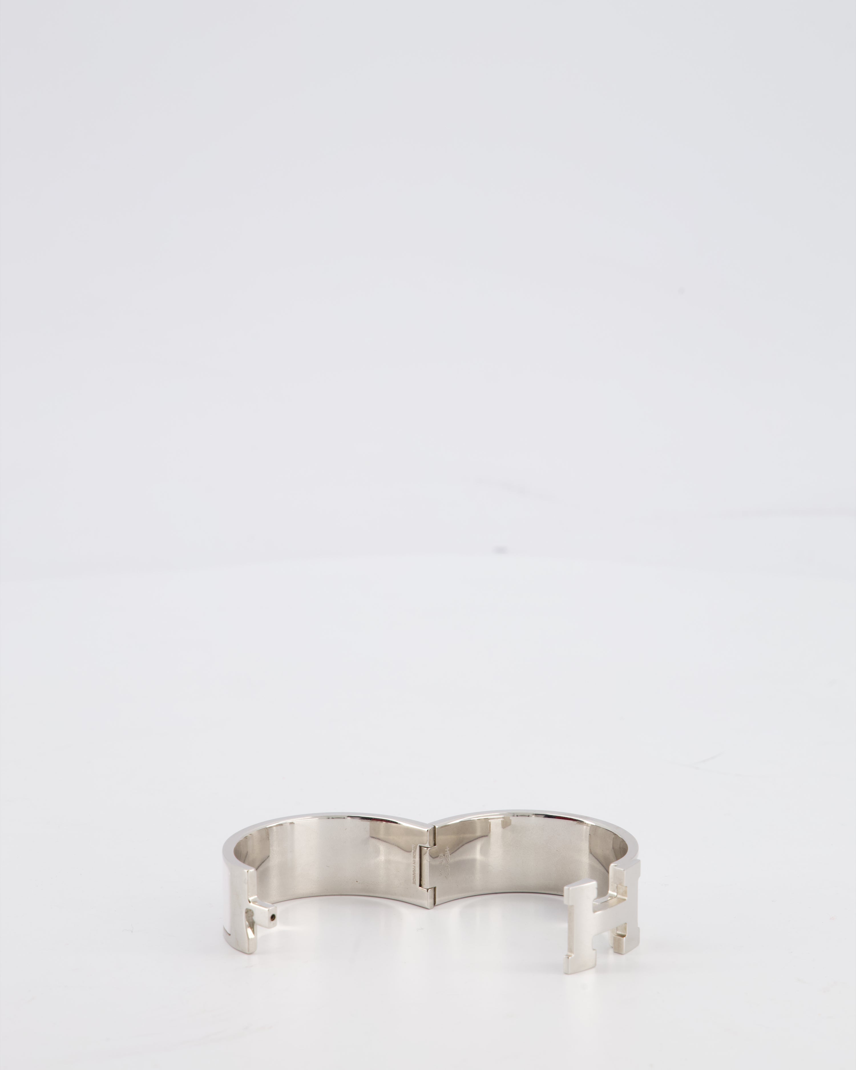 Hermes White Large Clic H Bracelet in Palladium-Plated Metal with Enamel
