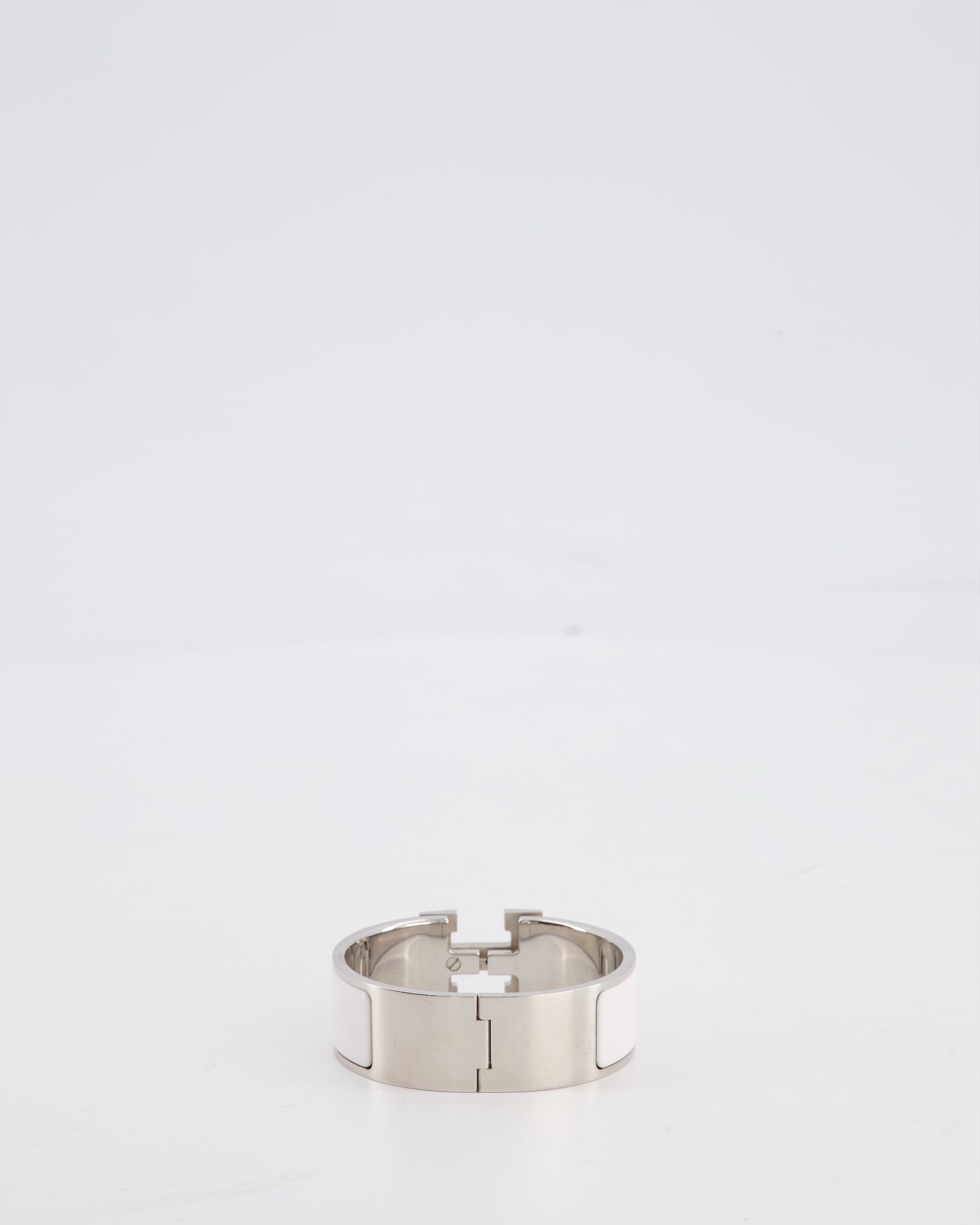 Hermes White Large Clic H Bracelet in Palladium-Plated Metal with Enamel