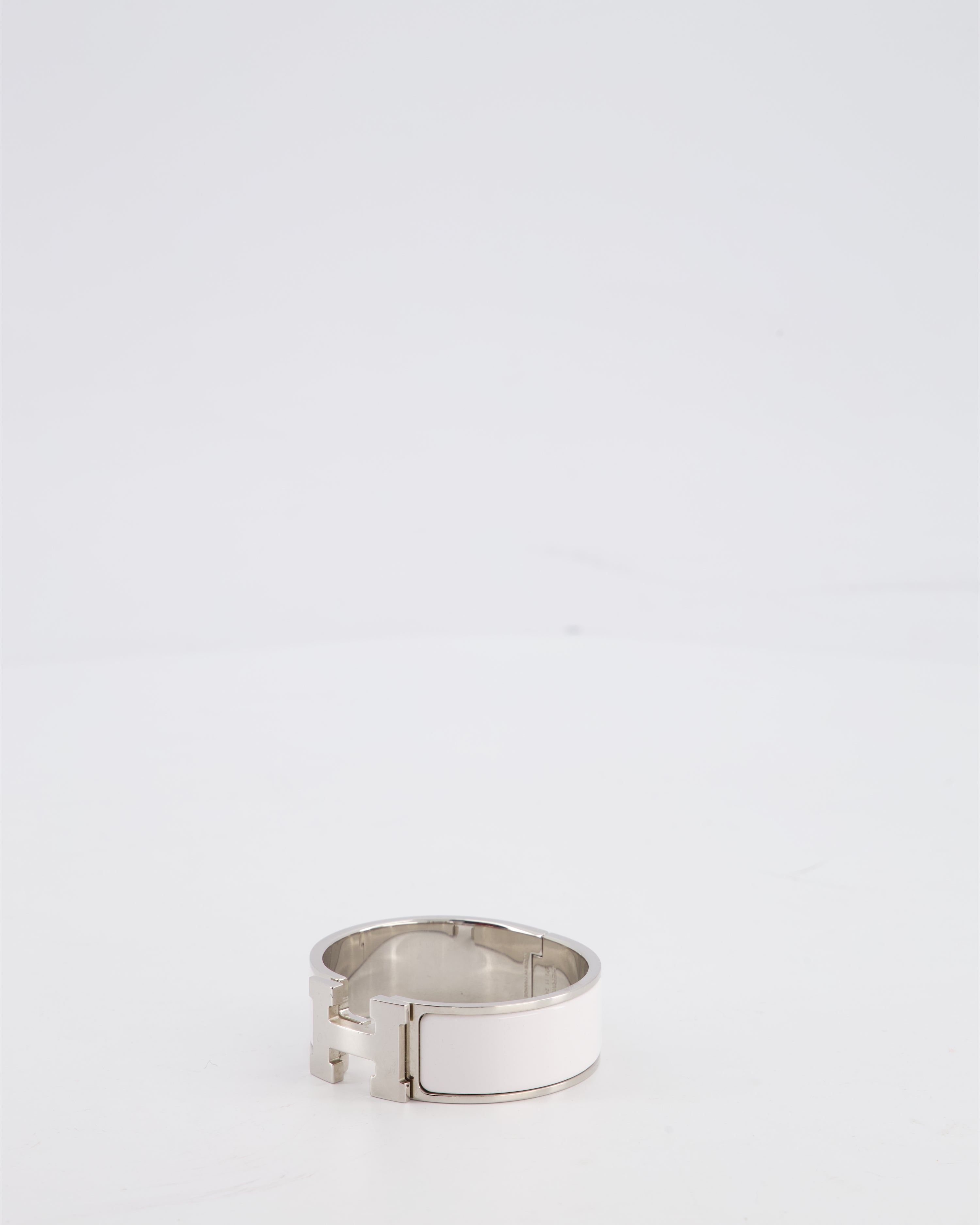 Hermes White Large Clic H Bracelet in Palladium-Plated Metal with Enamel