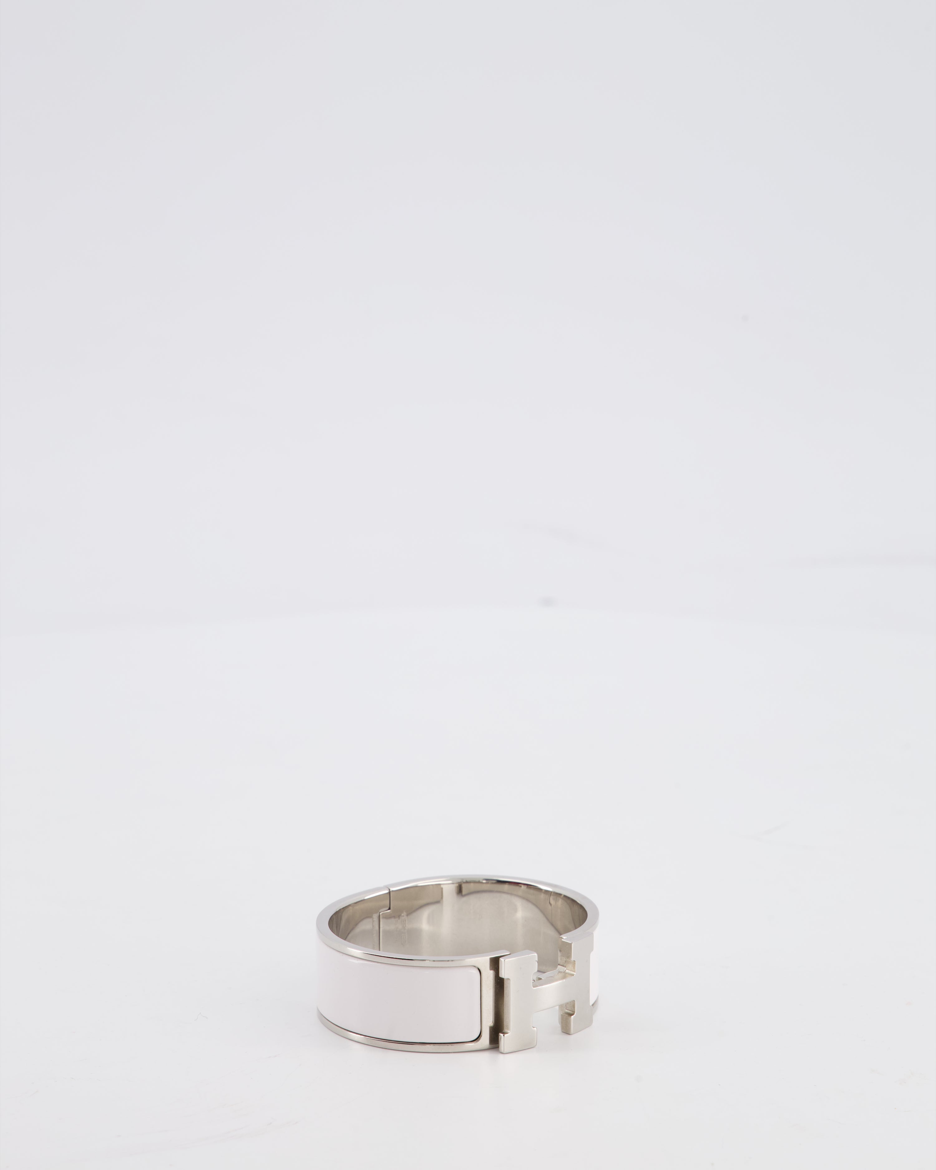 Hermes White Large Clic H Bracelet in Palladium-Plated Metal with Enamel