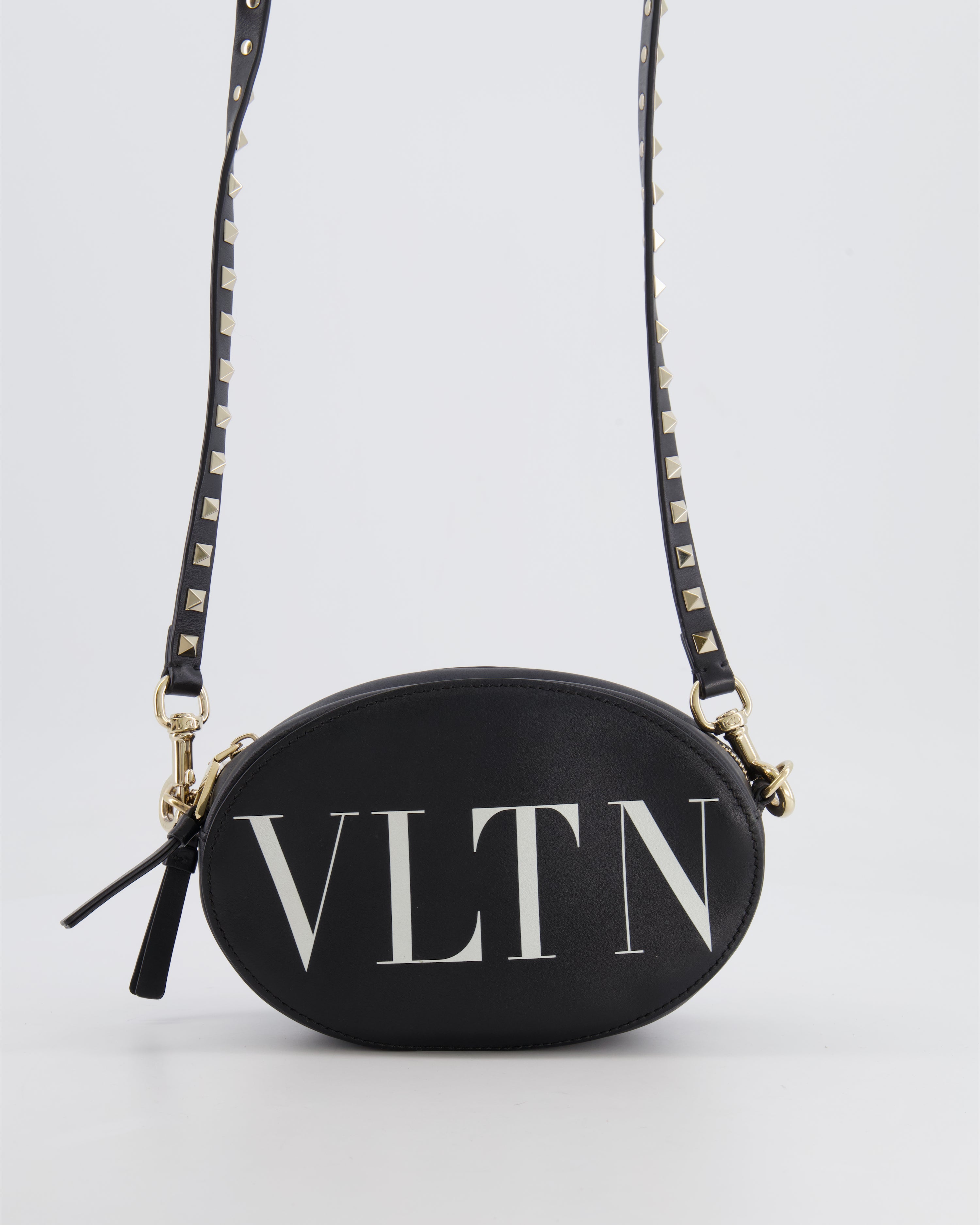Valentino Black Leather Small Round Bag with White VLTN Print Detail and Champagne Gold Rockstud Strap