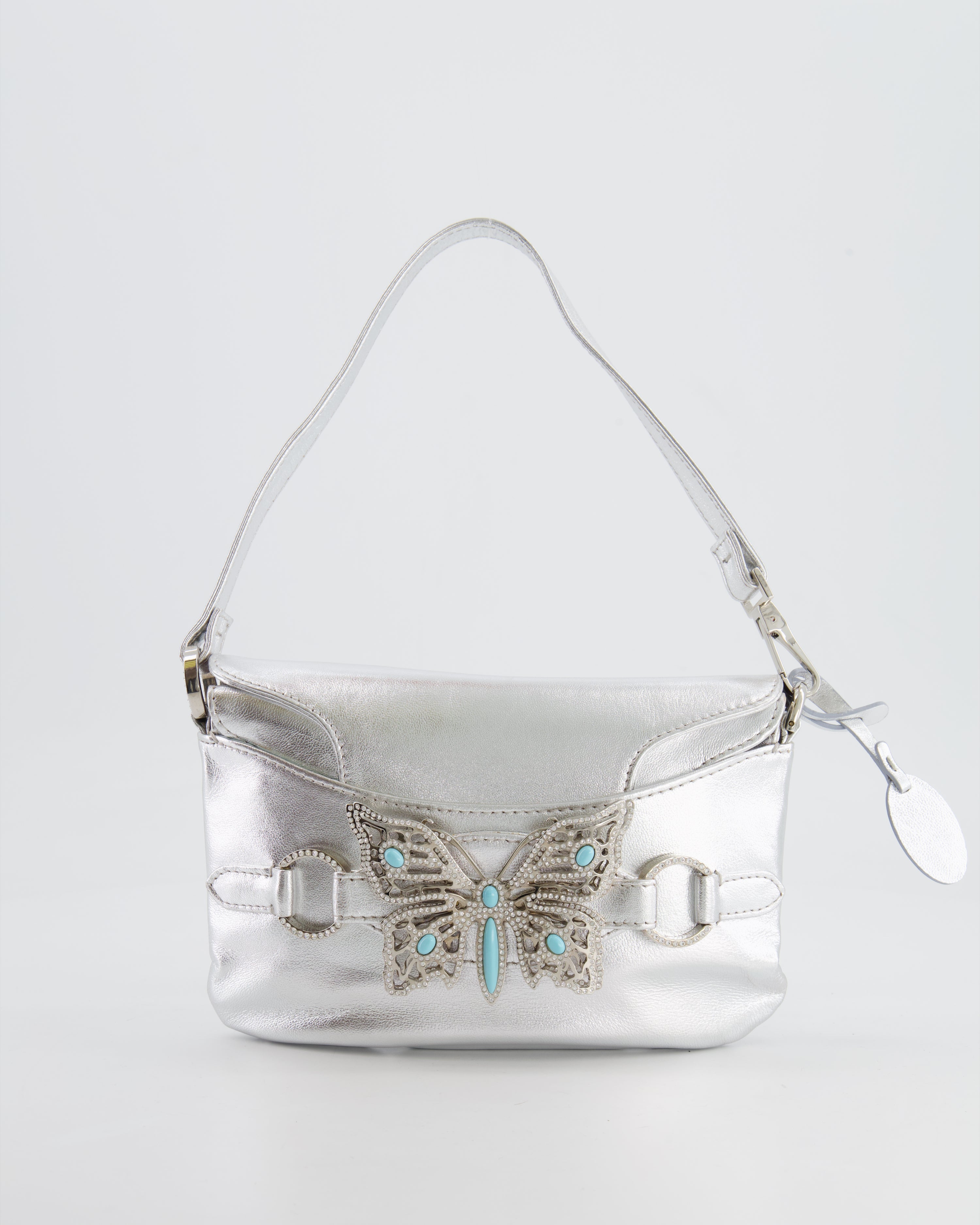 Valentino Vintage 2004 Runway Silver Leather Small Bag with Crystal Embellished Butterfly and Turquoise Stones