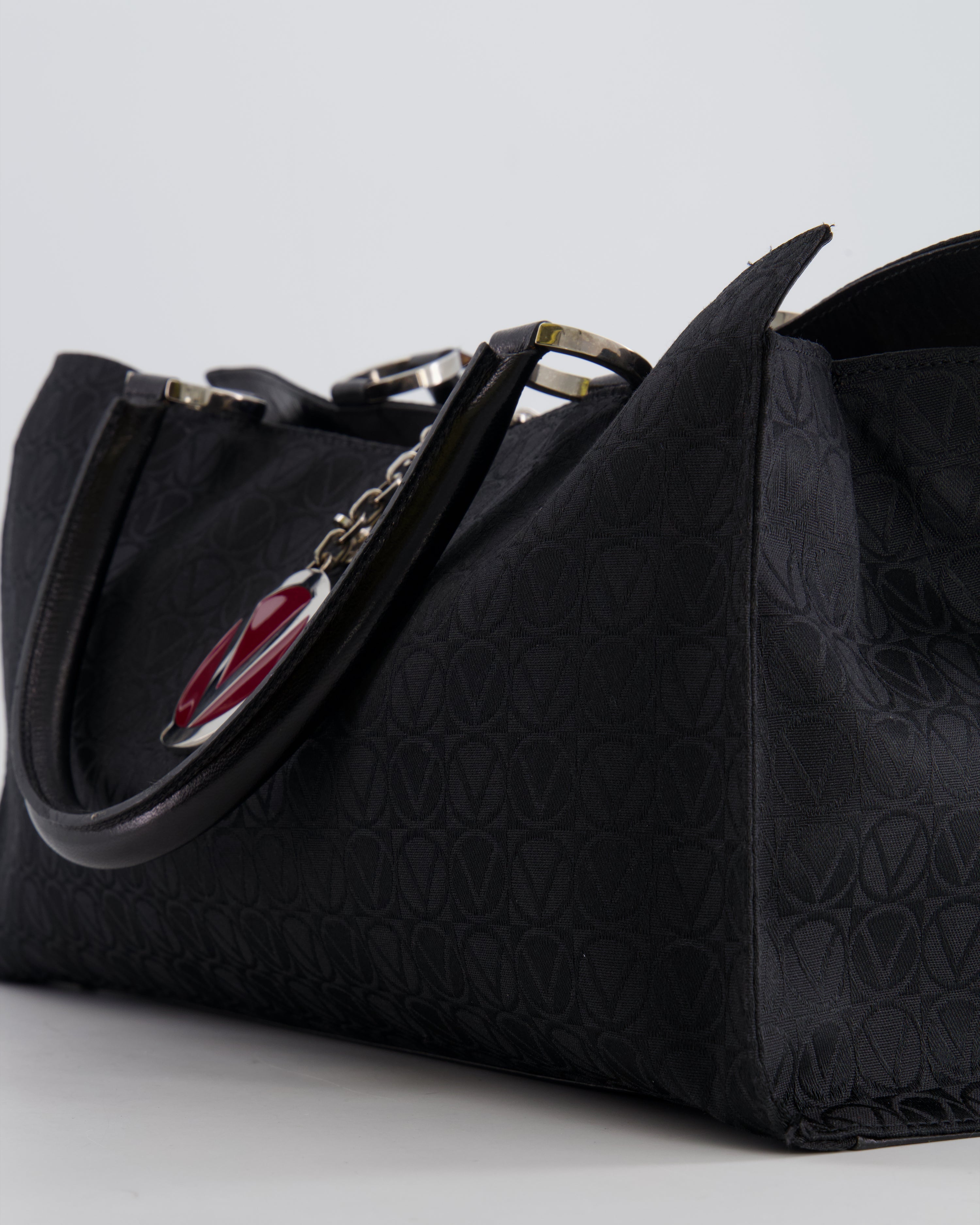 Valentino Black Monogram Canvas and Leather Tote Bag with VRing Logo