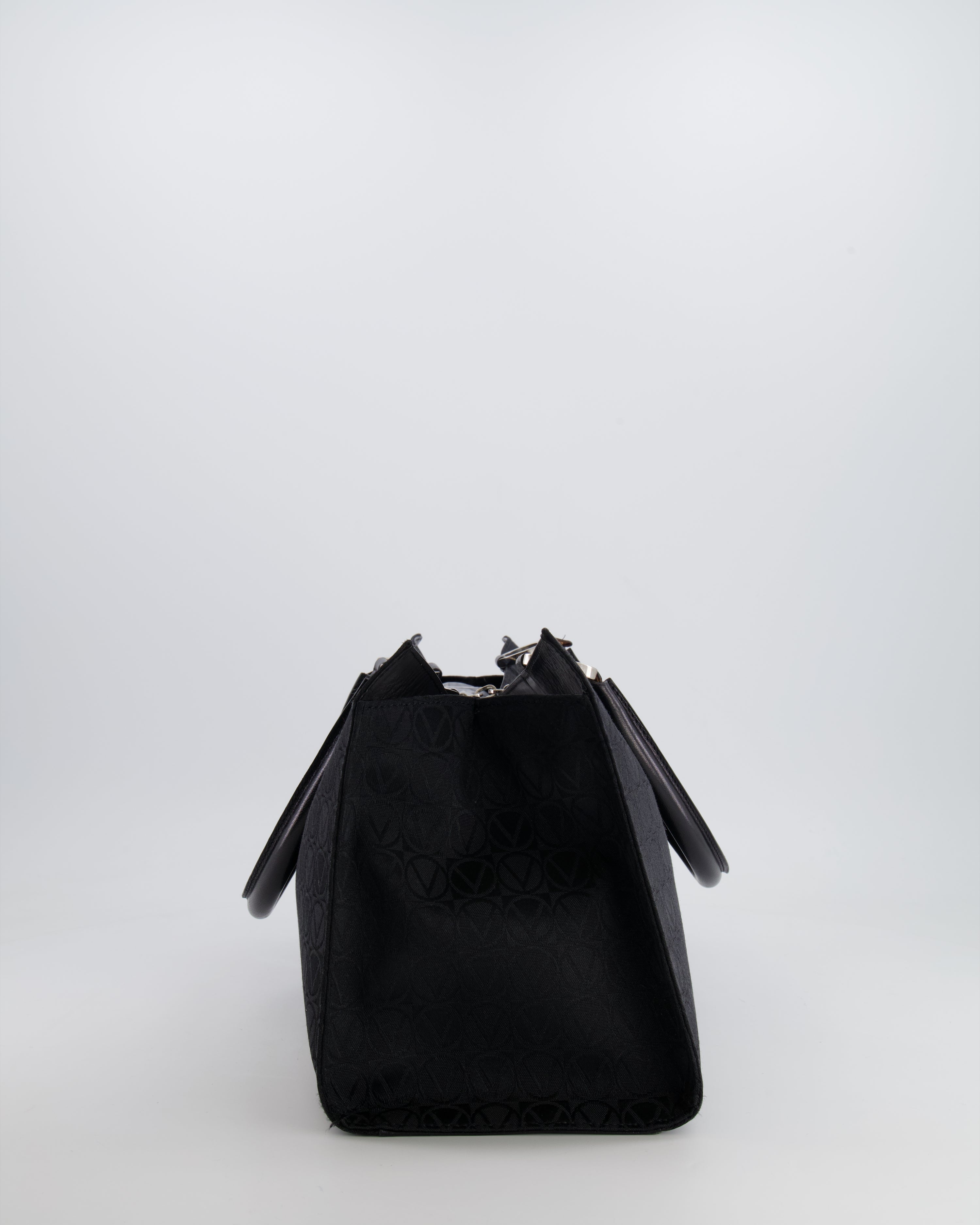 Valentino Black Monogram Canvas and Leather Tote Bag with VRing Logo