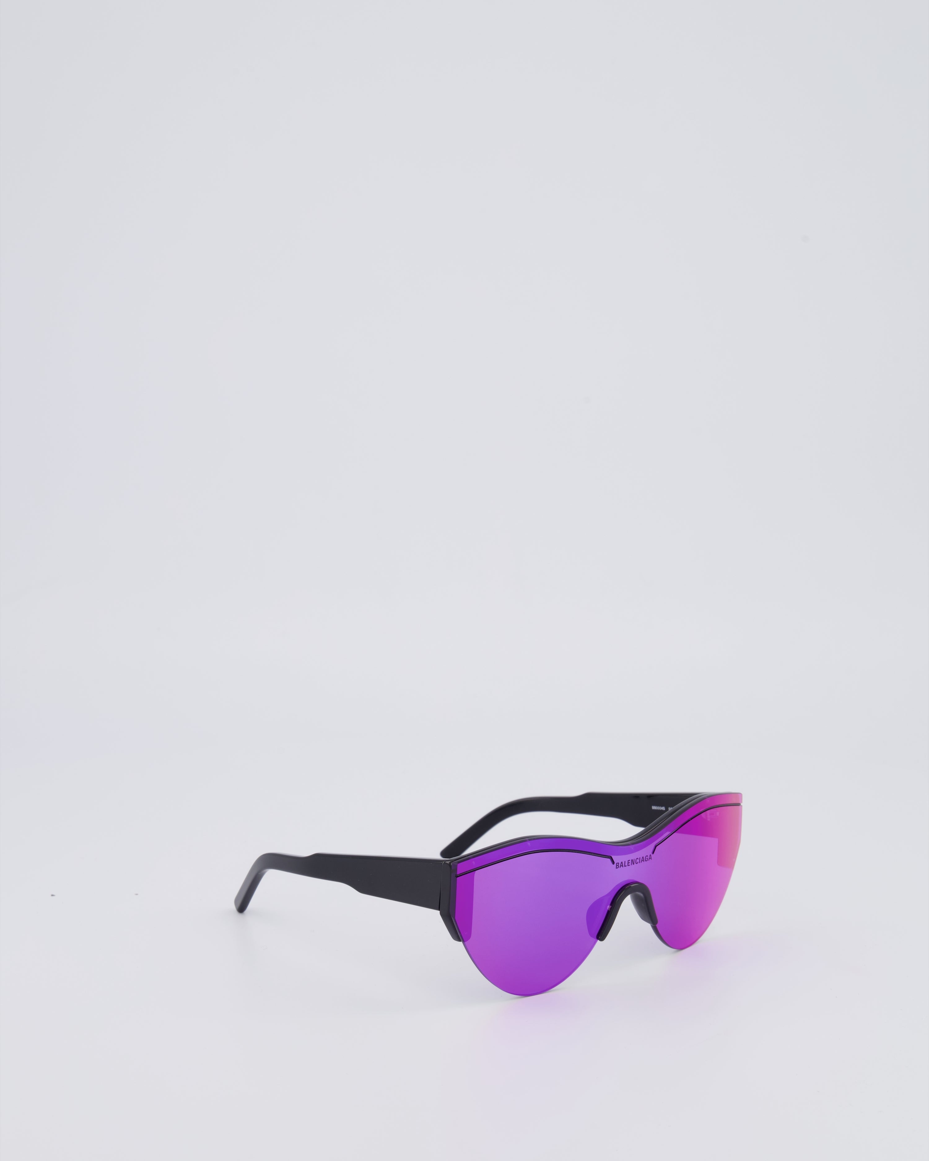 Balenciaga Black Sunglasses with Purple Reflective Lenses and Black Logo Detail