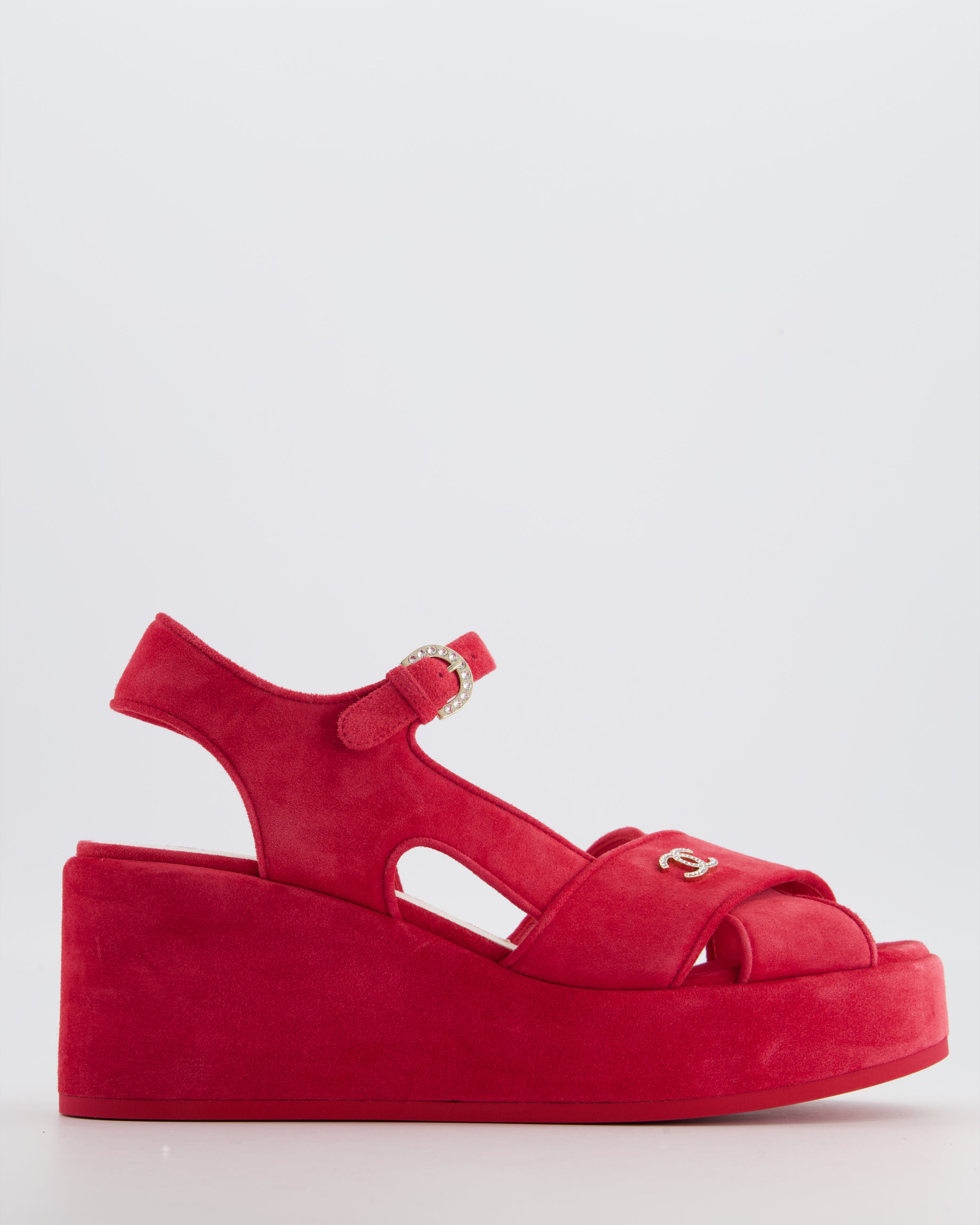 *HOT* Chanel Strawberry Red Suede Platform Sandals with Crystal CC Logo Detail Size EU 38.5C