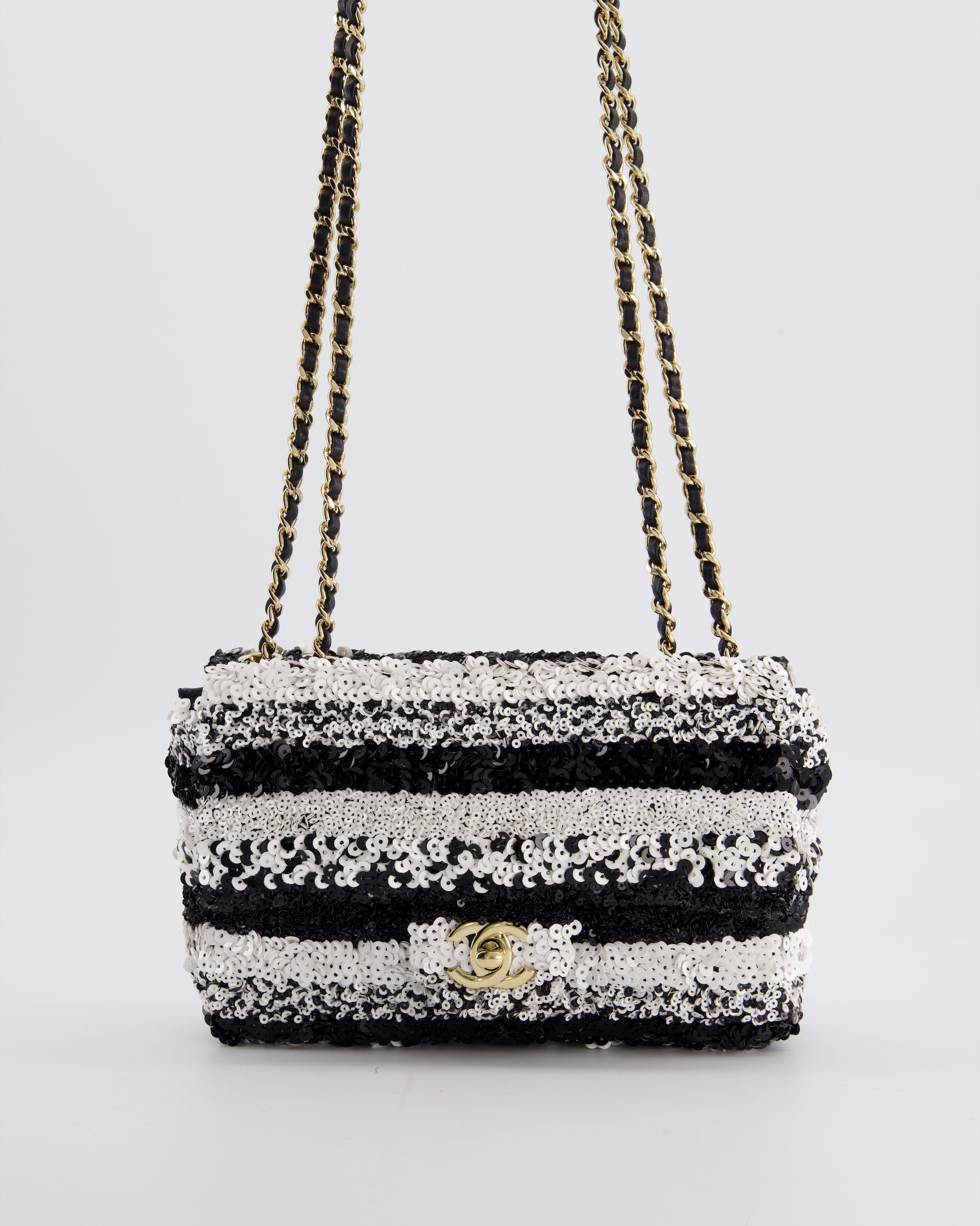 *HOT* Chanel Black and White Stripe Sequin Coco Mark Single Flap Bag with Champagne Gold Hardware