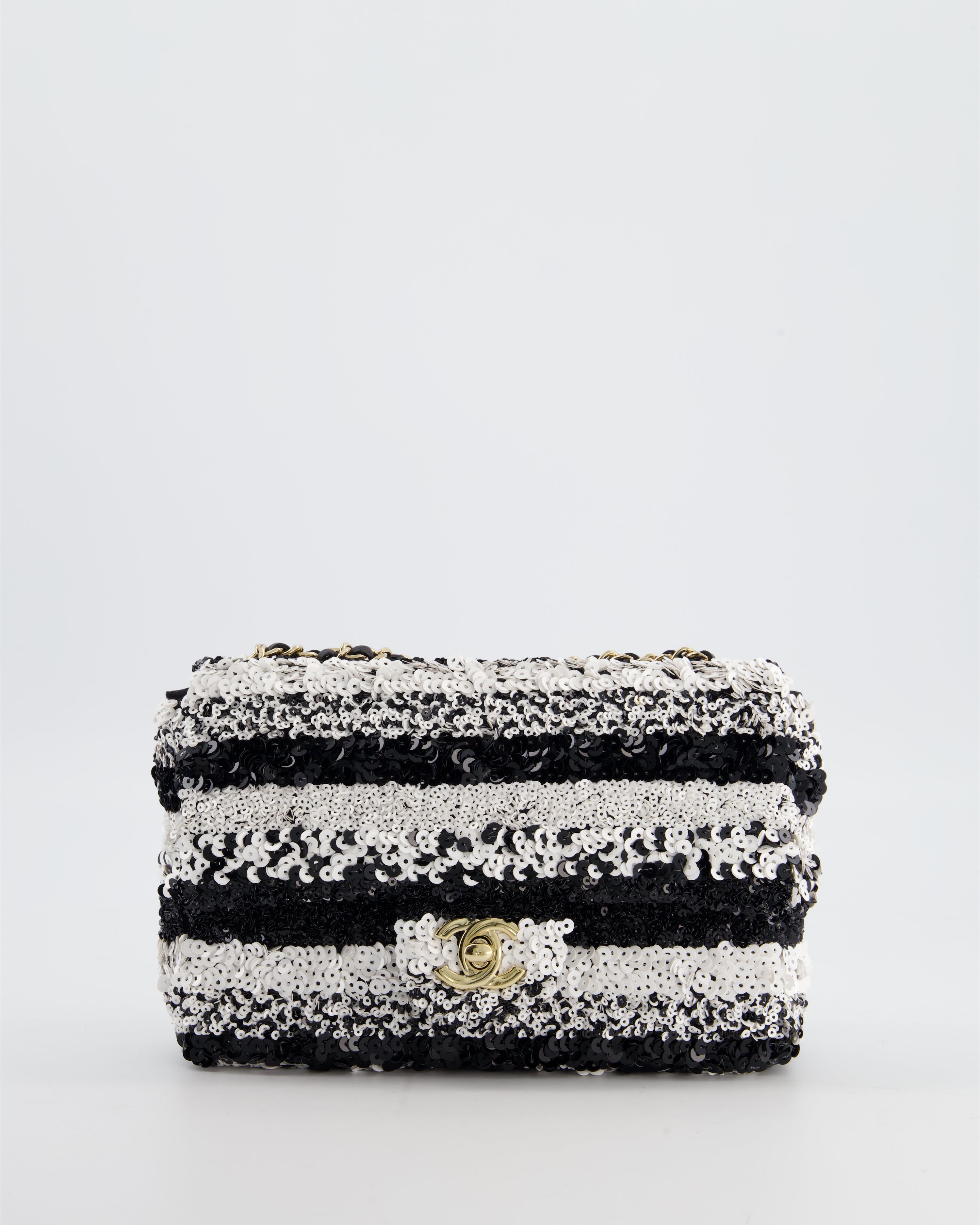 *HOT* Chanel Black and White Stripe Sequin Coco Mark Single Flap Bag with Champagne Gold Hardware