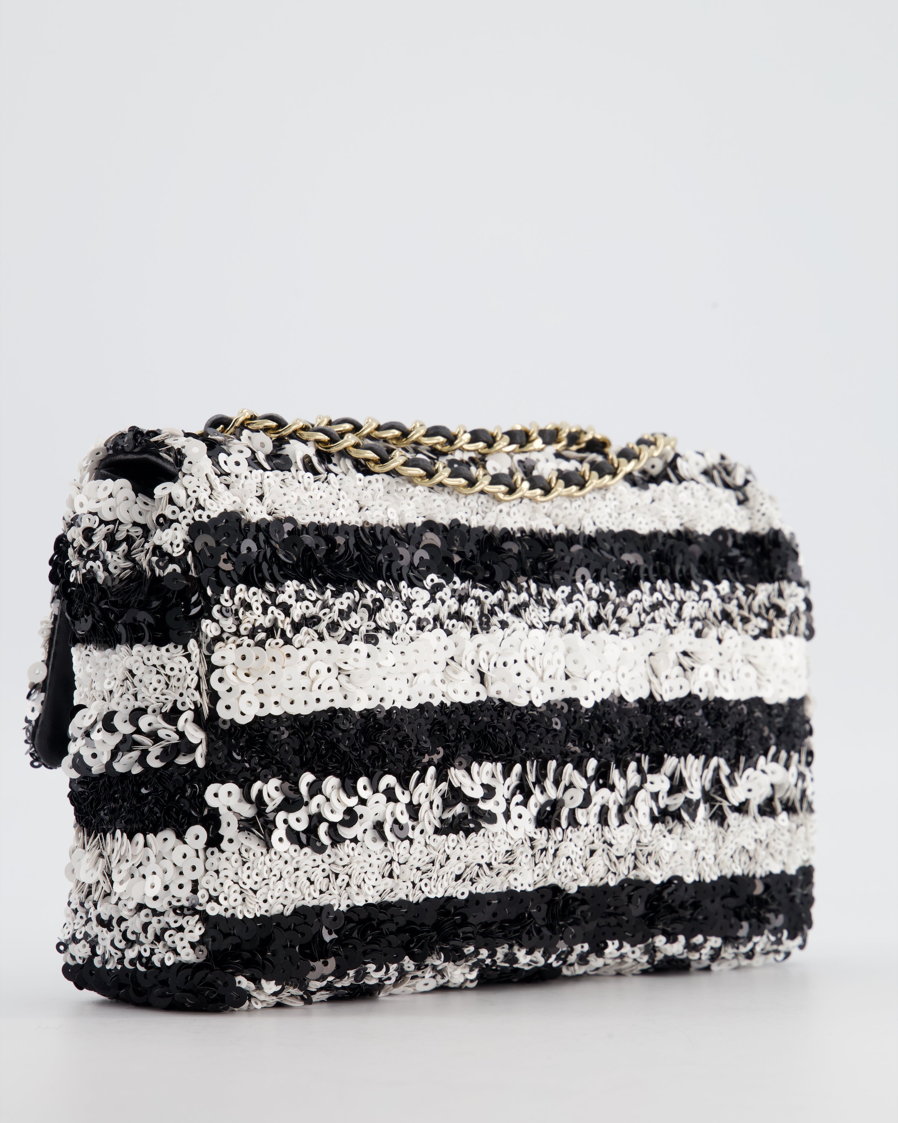 *HOT* Chanel Black and White Stripe Sequin Coco Mark Single Flap Bag with Champagne Gold Hardware