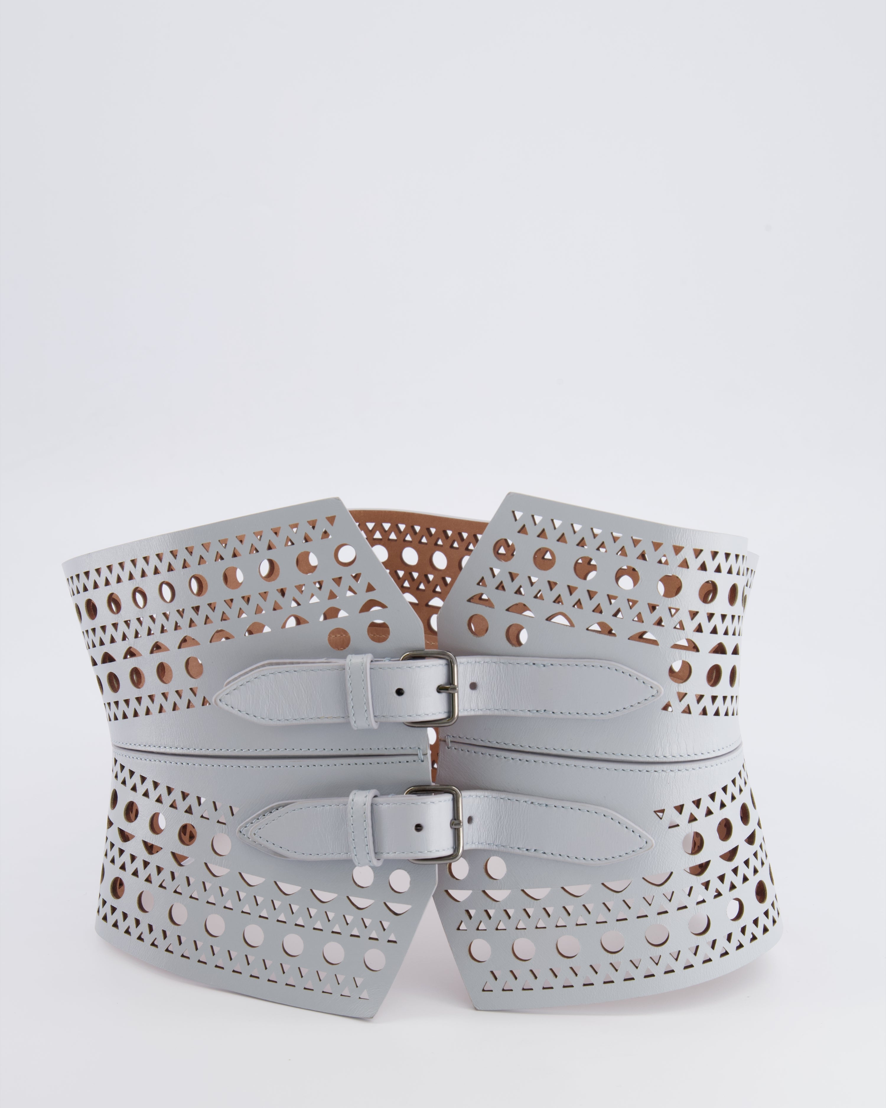 Alaia Pastel Blue Perforated Belt with Buckle Details 70cm