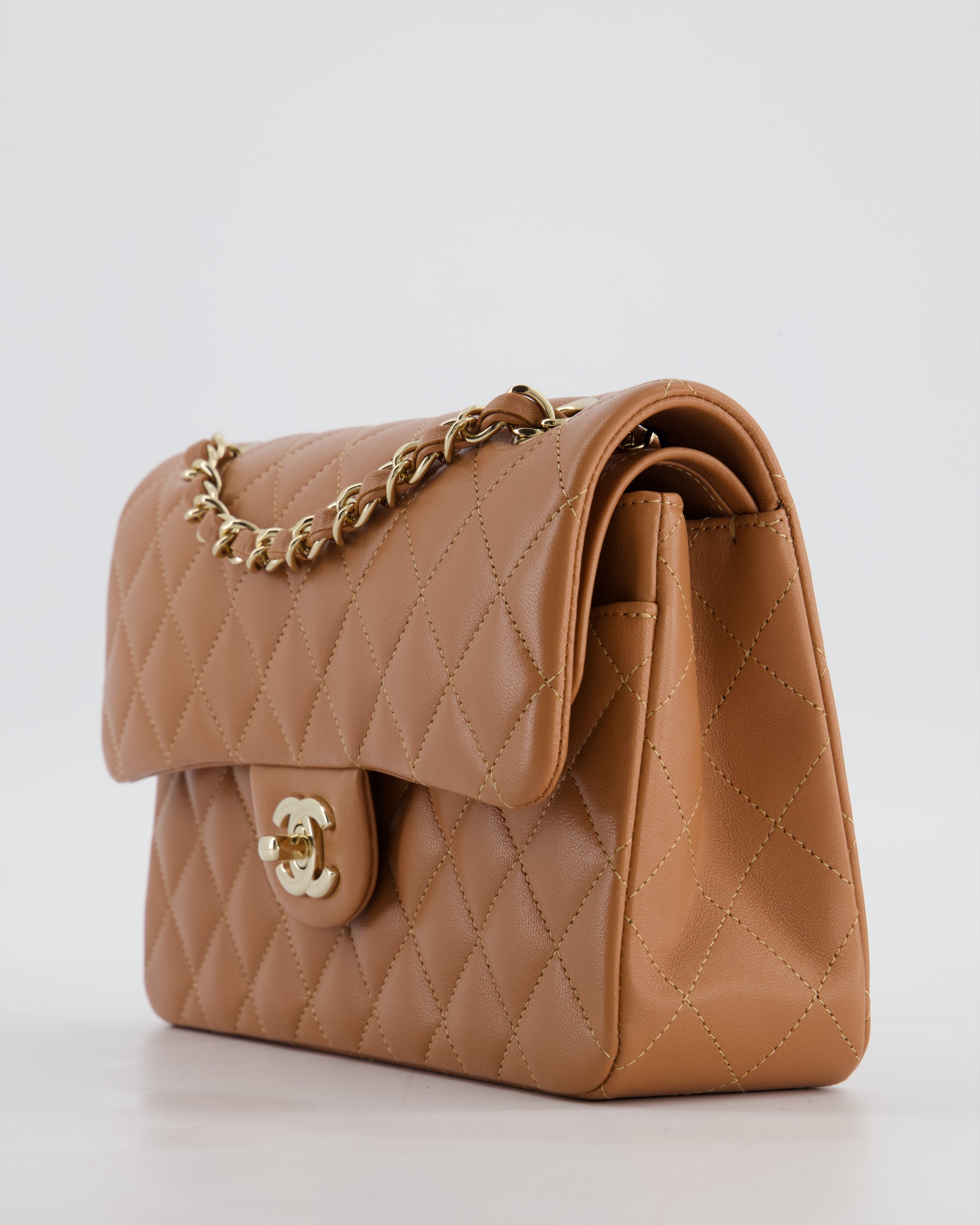 *HOT* Chanel Caramel Small Classic Double Flap Bag in Lambskin Leather with Champagne Gold Hardware