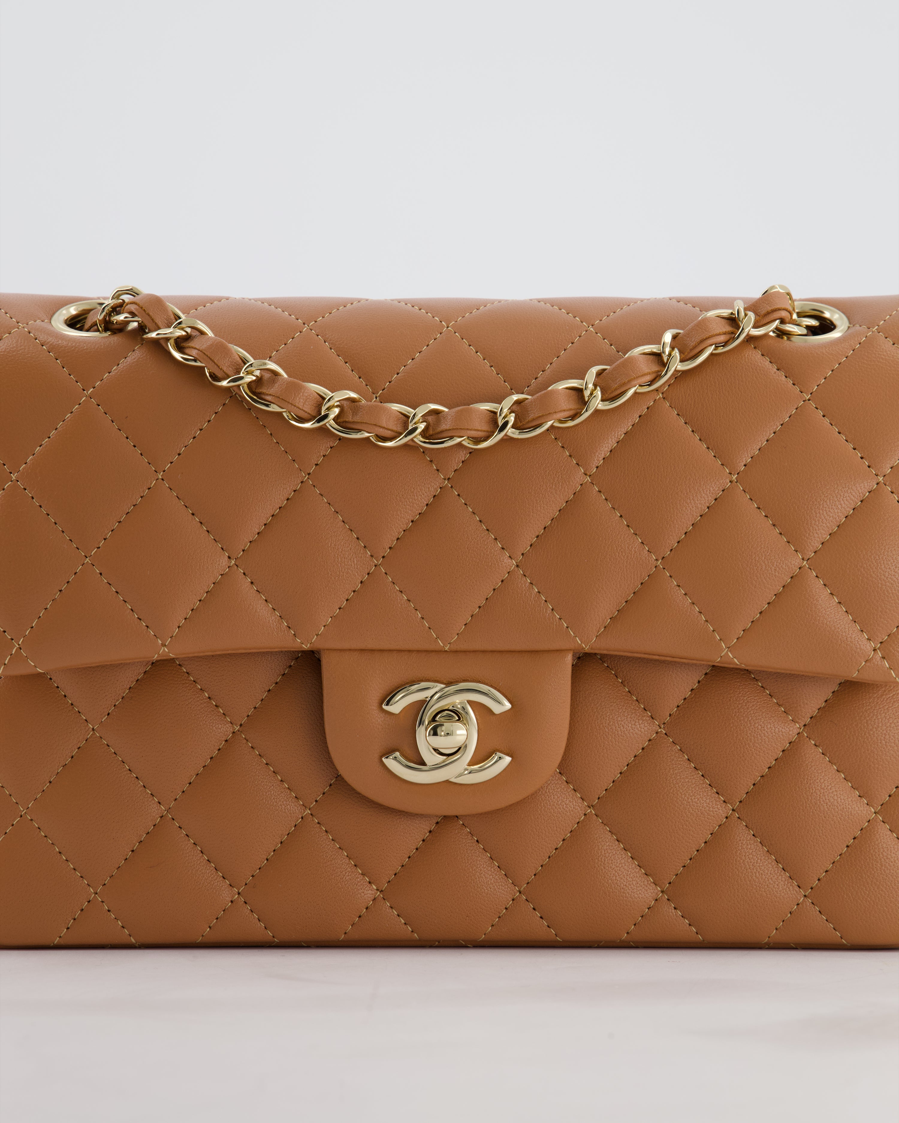 *HOT* Chanel Caramel Small Classic Double Flap Bag in Lambskin Leather with Champagne Gold Hardware