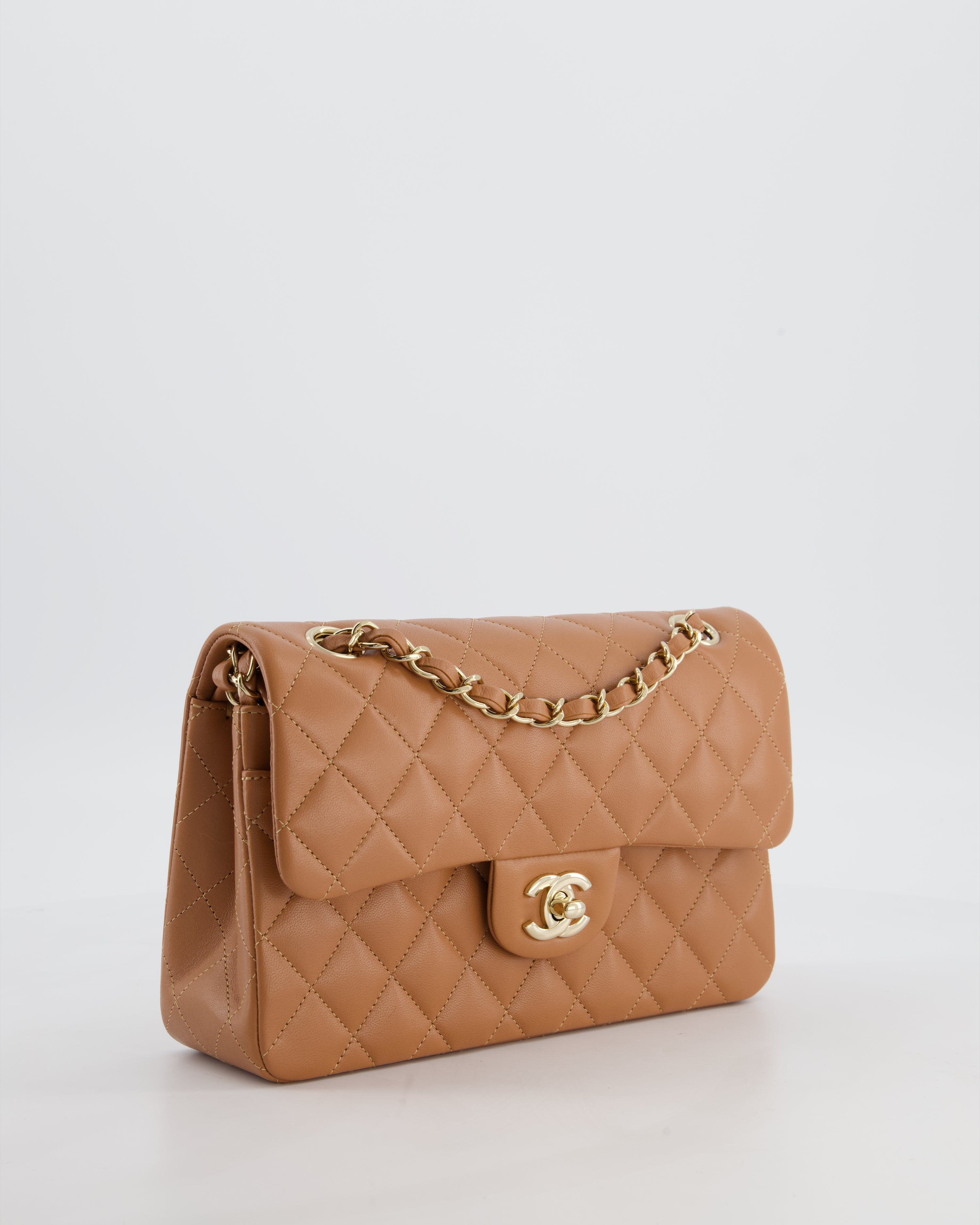 *HOT* Chanel Caramel Small Classic Double Flap Bag in Lambskin Leather with Champagne Gold Hardware