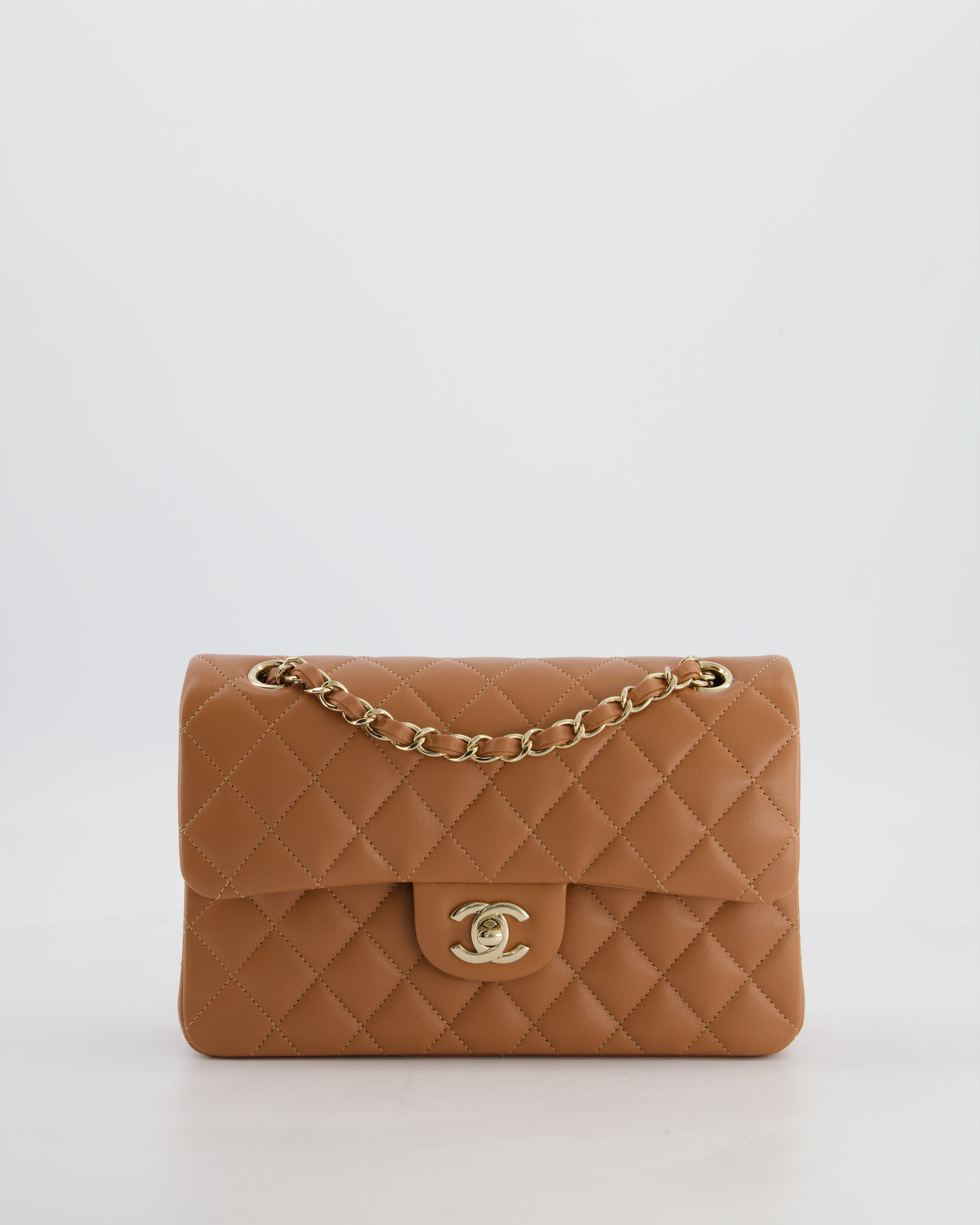 *HOT* Chanel Caramel Small Classic Double Flap Bag in Lambskin Leather with Champagne Gold Hardware