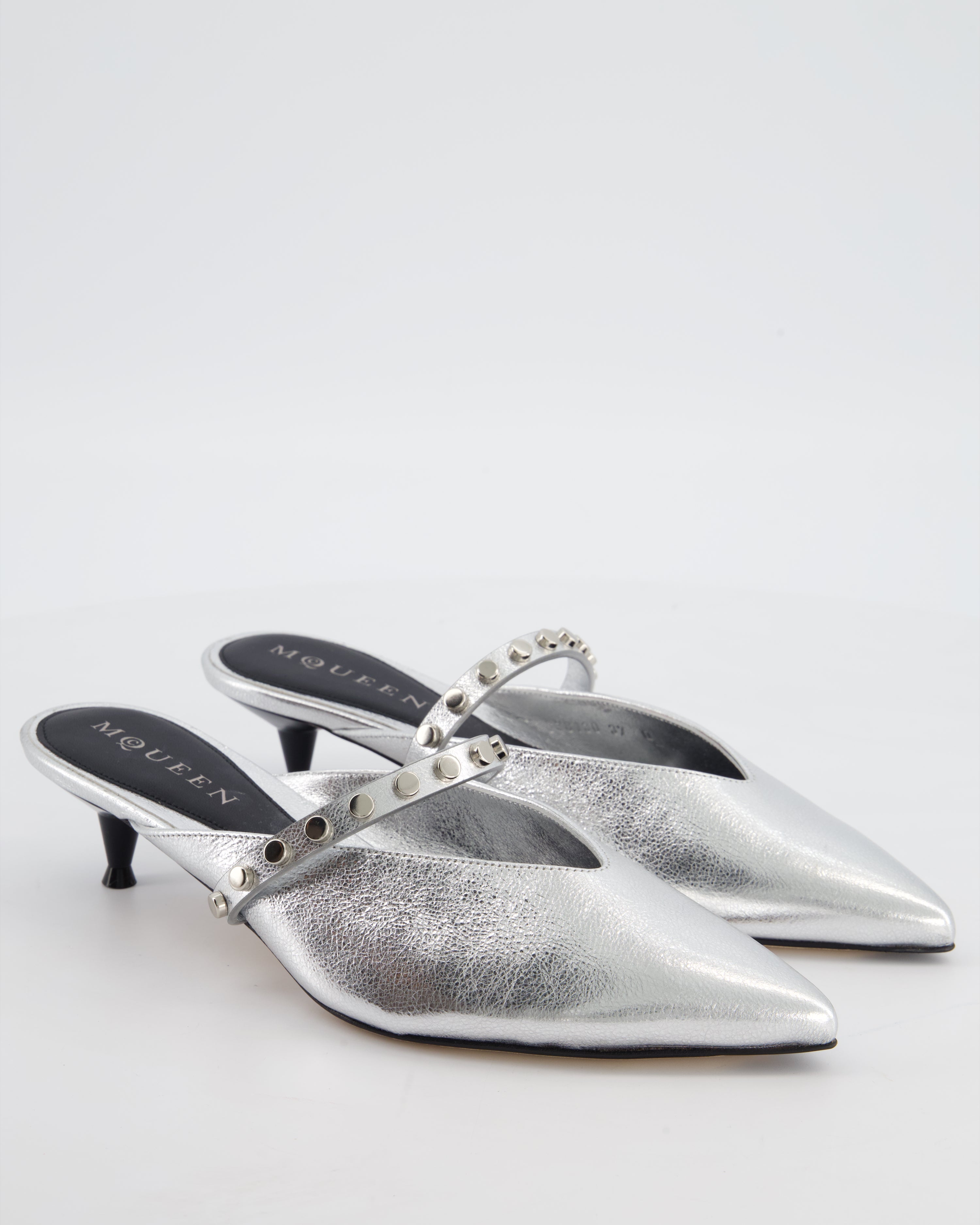 Alexander McQueen Studded Silver Heeled Mules Size EU 37