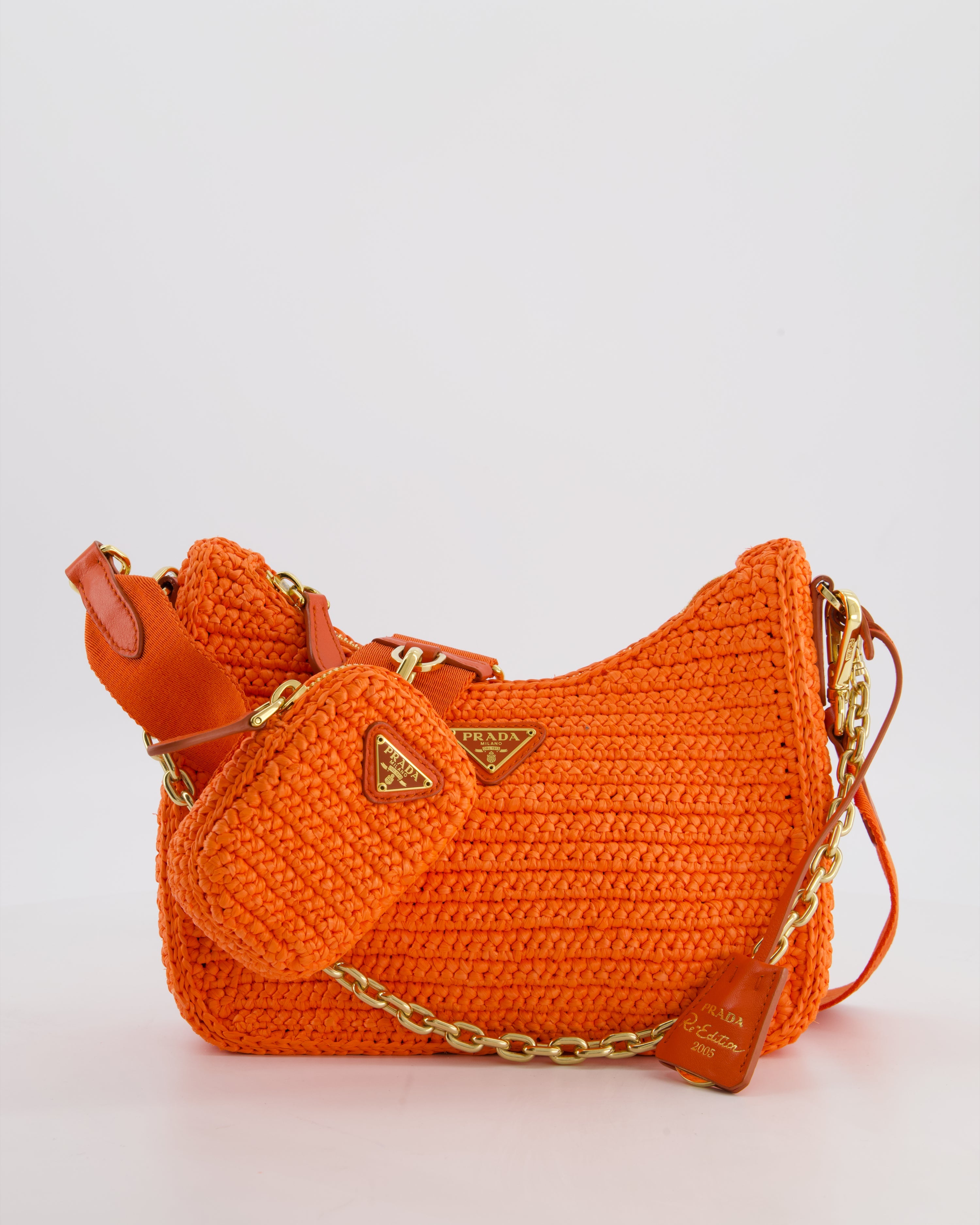 Prada Re-Edition 2005 Cross-body Bag in Orange Raffia with Gold Hardware RRP £1,780