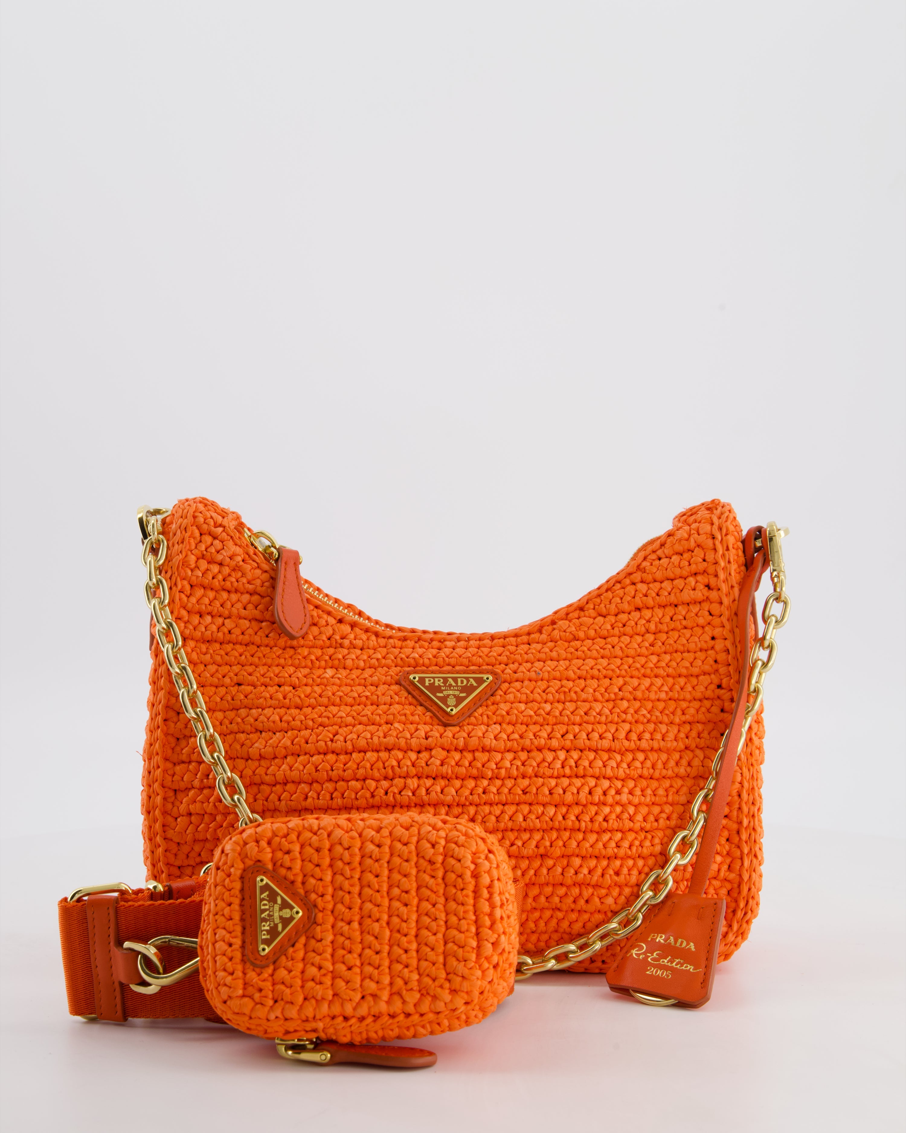 Prada Re-Edition 2005 Cross-body Bag in Orange Raffia with Gold Hardware RRP £1,780