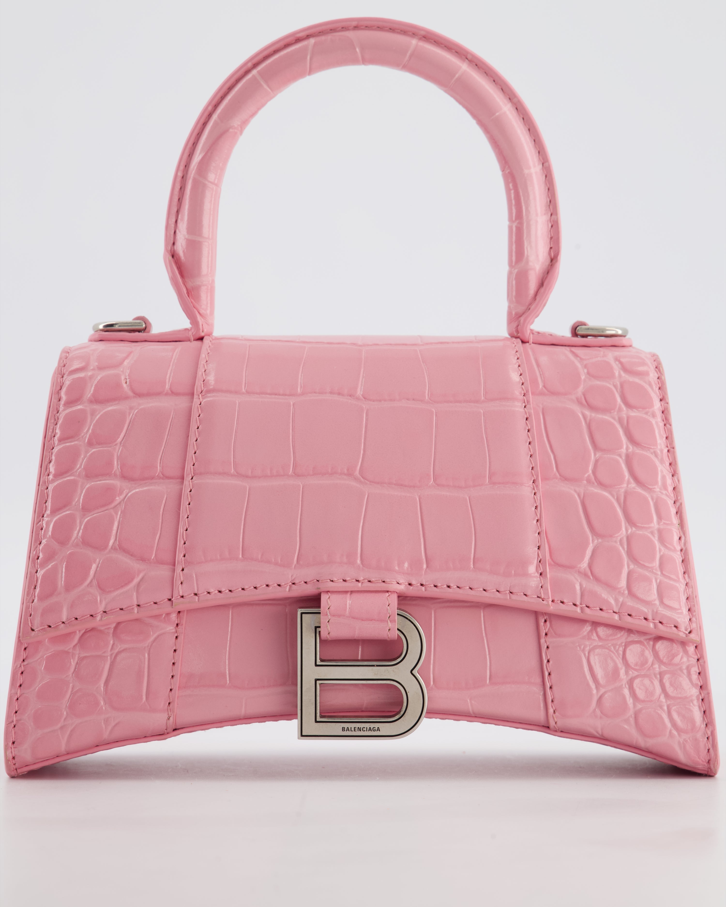 Balenciaga Pink XS Hourglass Top Handle Bag in Croc Effect Calfskin Leather with Silver Hardware RRP £1,850