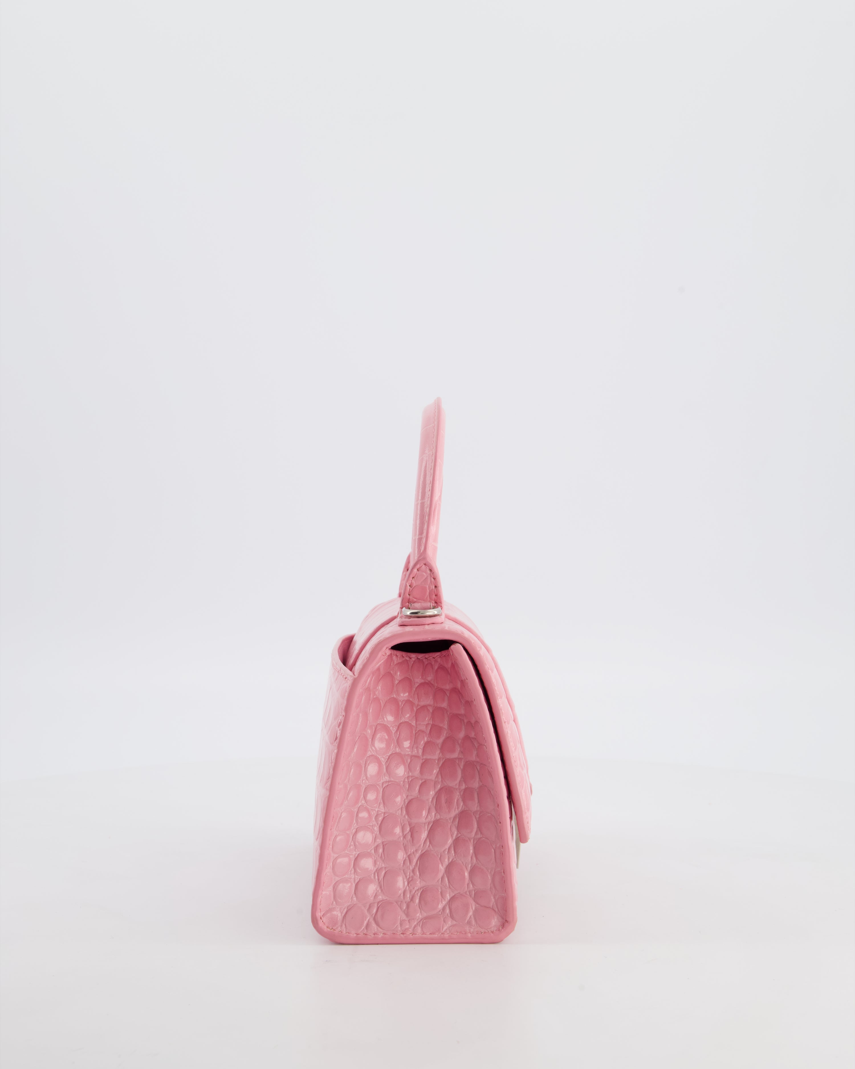 Balenciaga Pink XS Hourglass Top Handle Bag in Croc Effect Calfskin Leather with Silver Hardware RRP £1,850