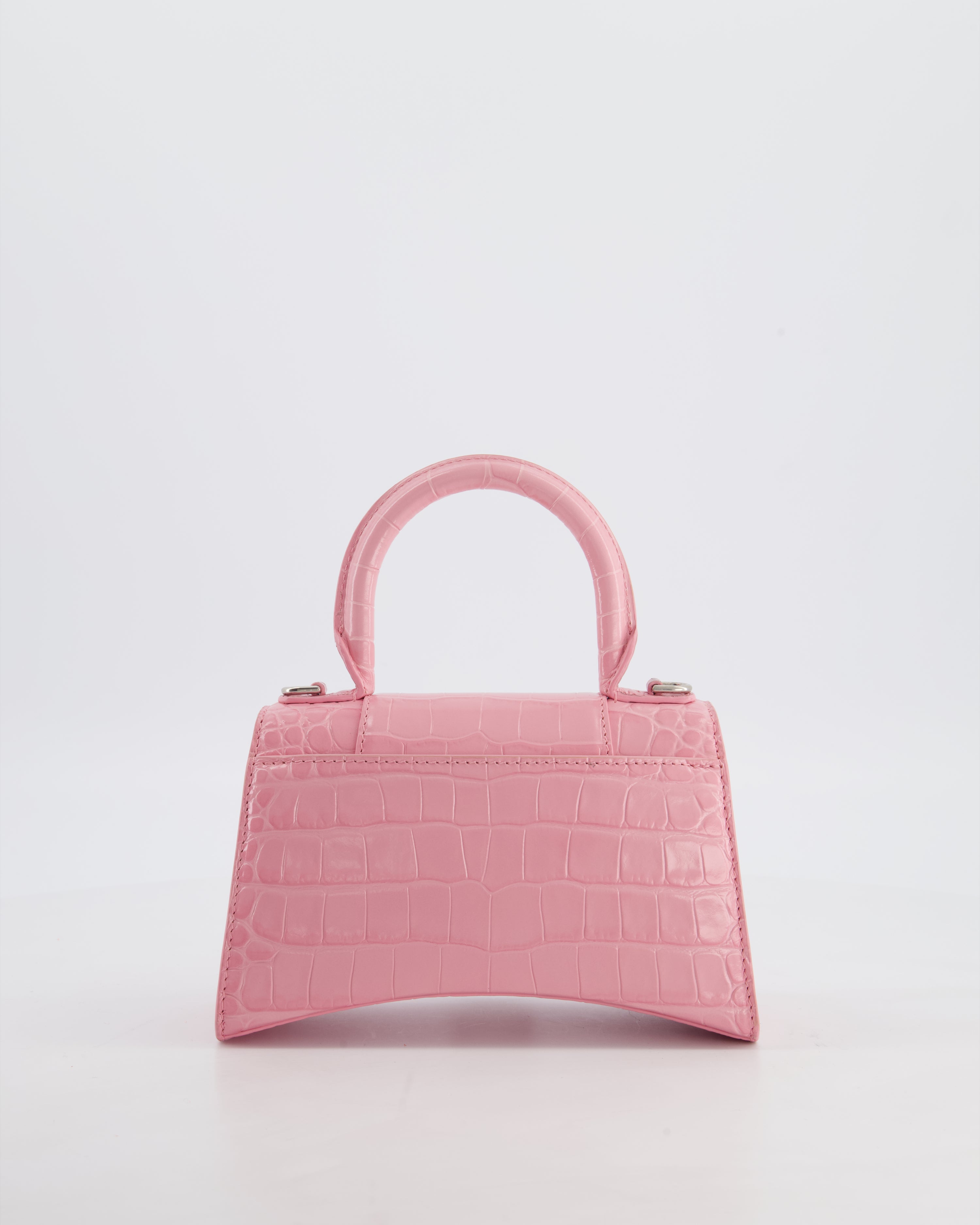 Balenciaga Pink XS Hourglass Top Handle Bag in Croc Effect Calfskin Leather with Silver Hardware RRP £1,850