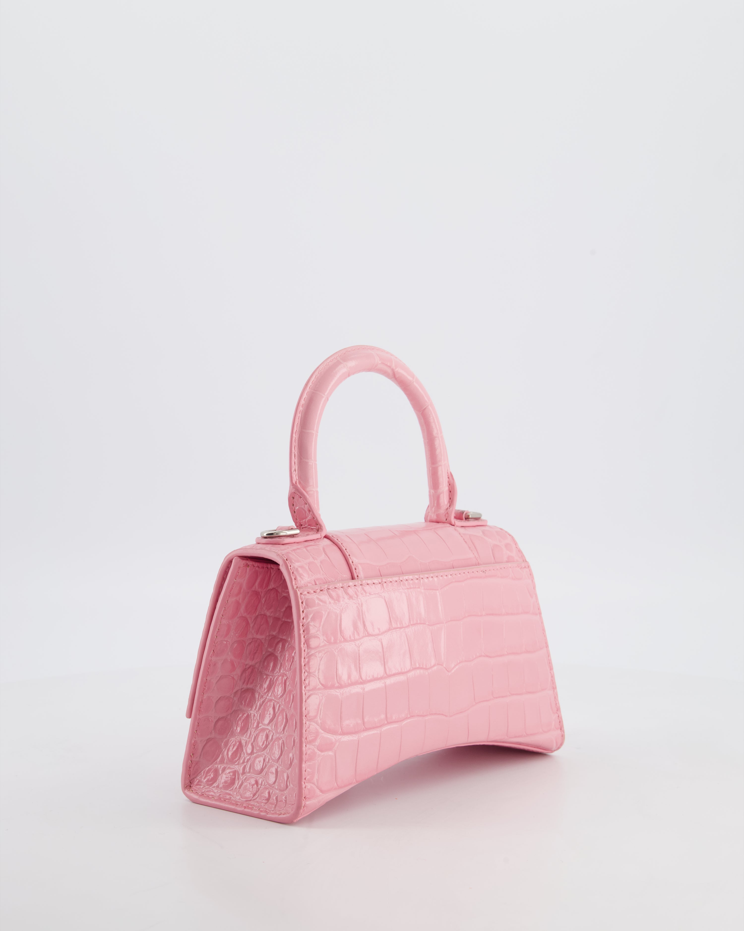 Balenciaga Pink XS Hourglass Top Handle Bag in Croc Effect Calfskin Leather with Silver Hardware RRP £1,850