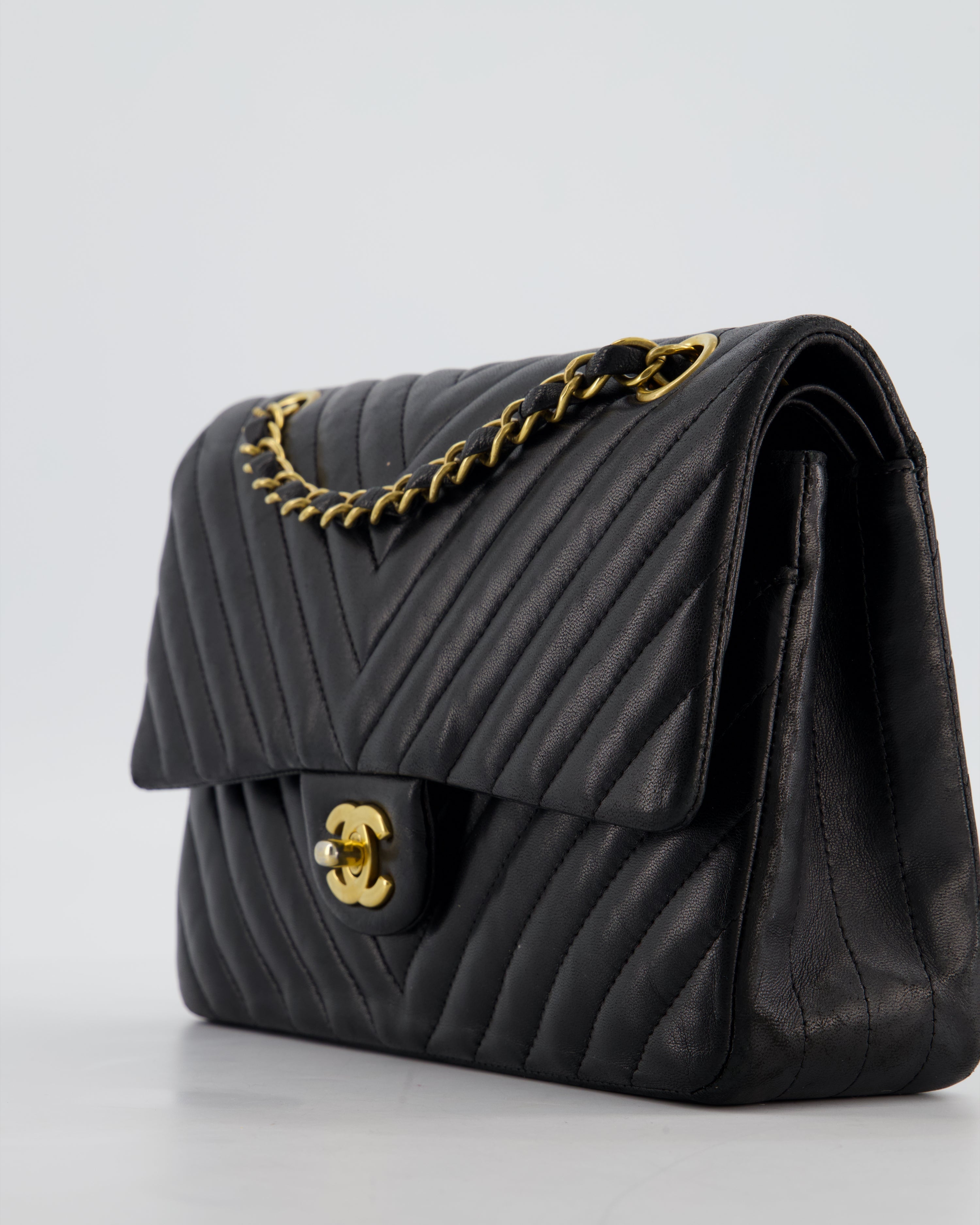 *FIRE PRICE* Chanel Black Chevron Medium Classic Double Flap Bag in Lambskin Leather with Gold Hardware