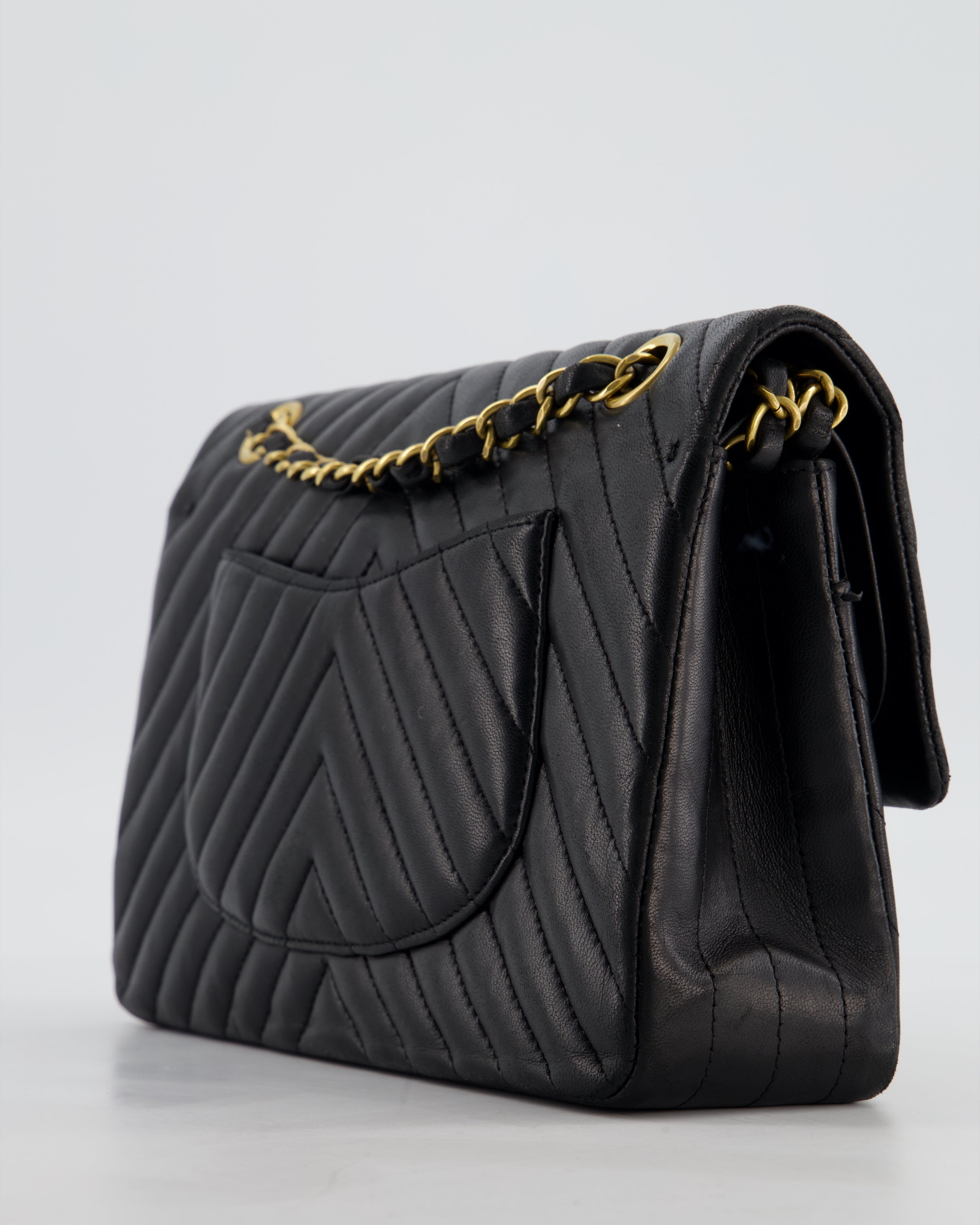 *FIRE PRICE* Chanel Black Chevron Medium Classic Double Flap Bag in Lambskin Leather with Gold Hardware