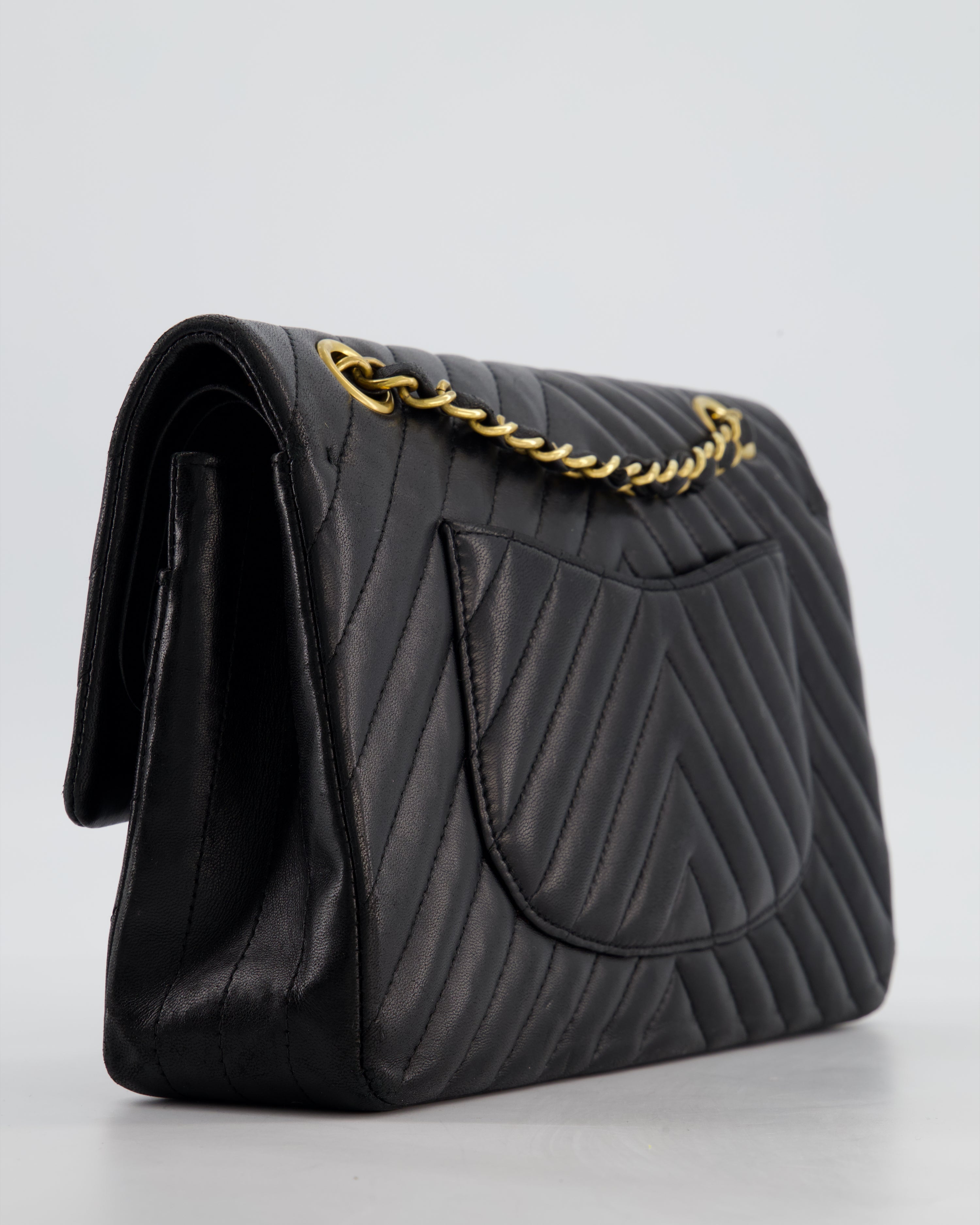 *FIRE PRICE* Chanel Black Chevron Medium Classic Double Flap Bag in Lambskin Leather with Gold Hardware