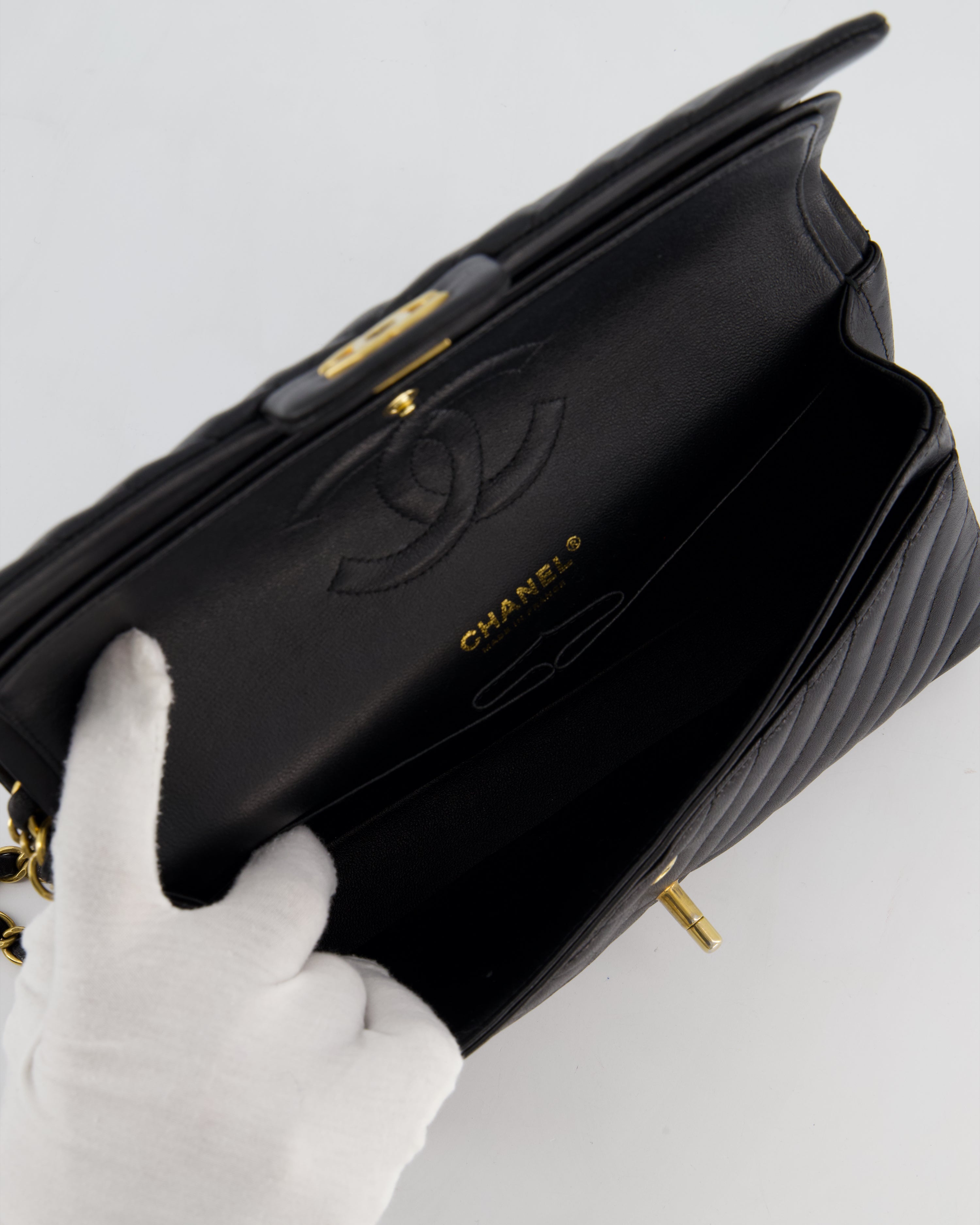 *FIRE PRICE* Chanel Black Chevron Medium Classic Double Flap Bag in Lambskin Leather with Gold Hardware