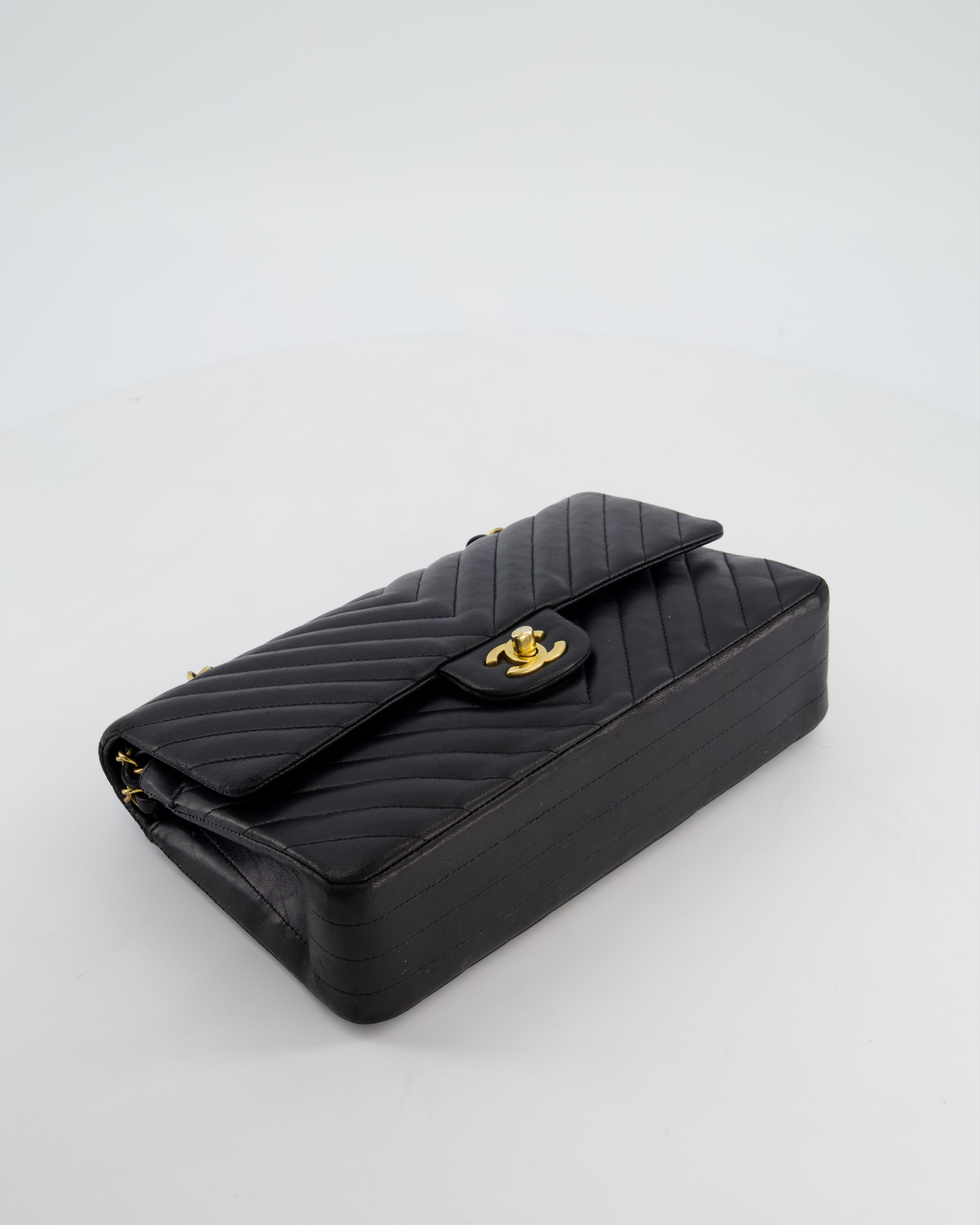 *FIRE PRICE* Chanel Black Chevron Medium Classic Double Flap Bag in Lambskin Leather with Gold Hardware