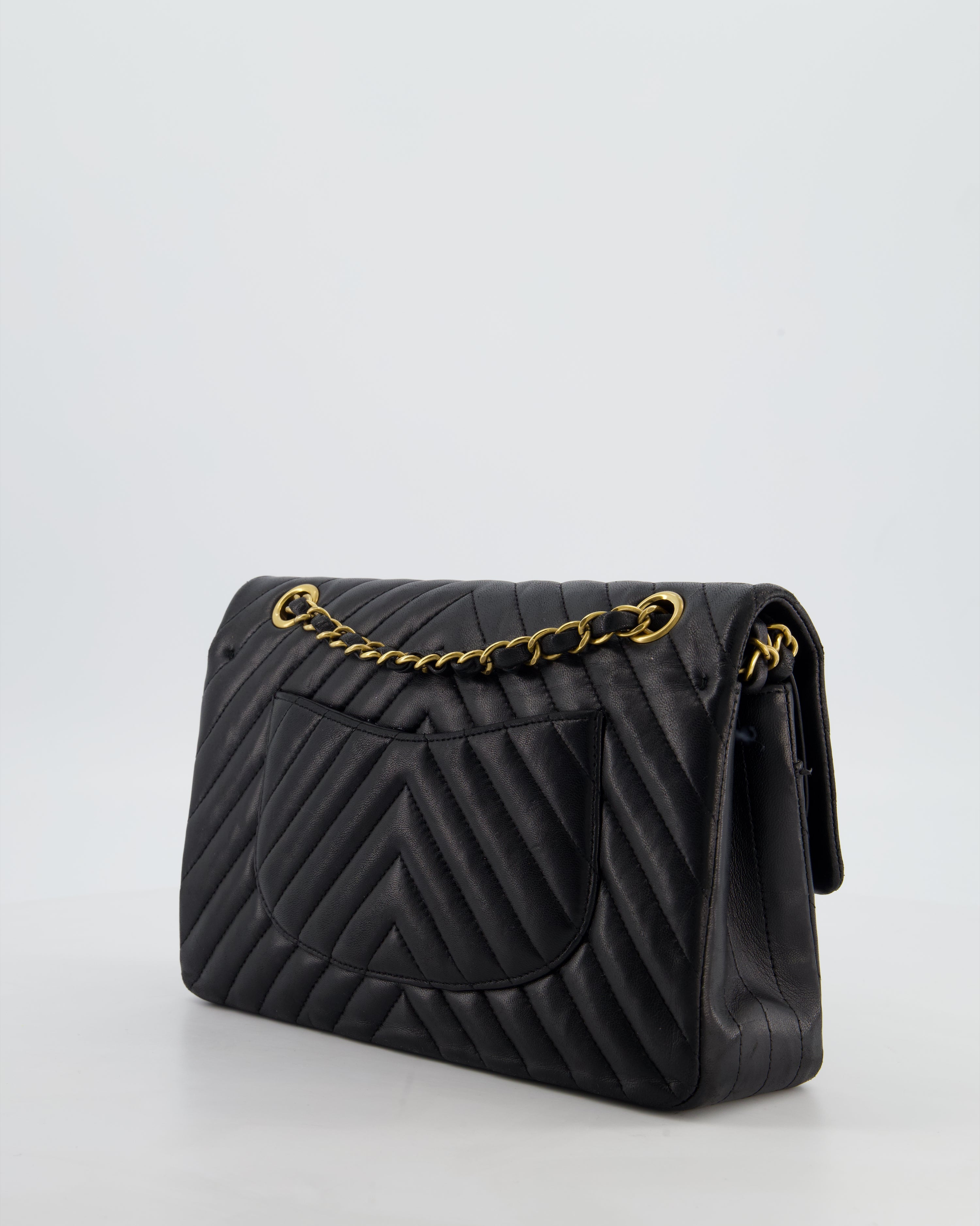 *FIRE PRICE* Chanel Black Chevron Medium Classic Double Flap Bag in Lambskin Leather with Gold Hardware