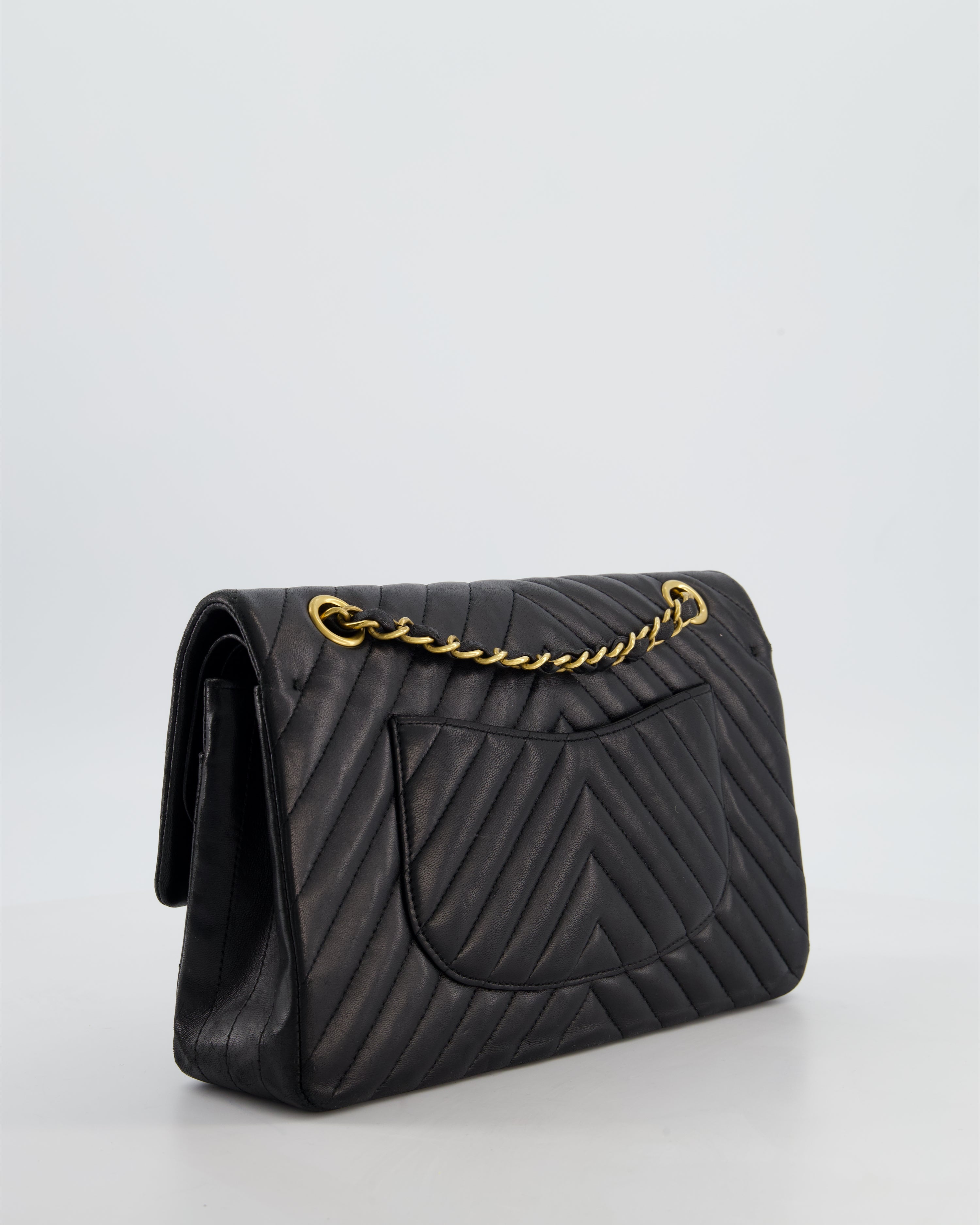 *FIRE PRICE* Chanel Black Chevron Medium Classic Double Flap Bag in Lambskin Leather with Gold Hardware