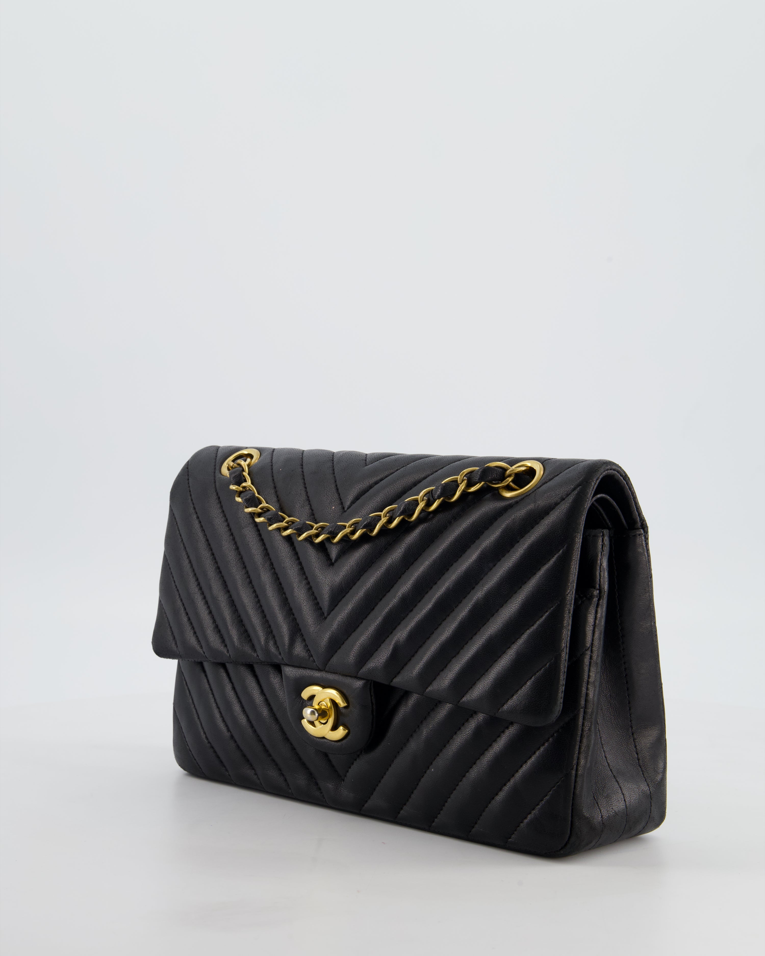 *FIRE PRICE* Chanel Black Chevron Medium Classic Double Flap Bag in Lambskin Leather with Gold Hardware