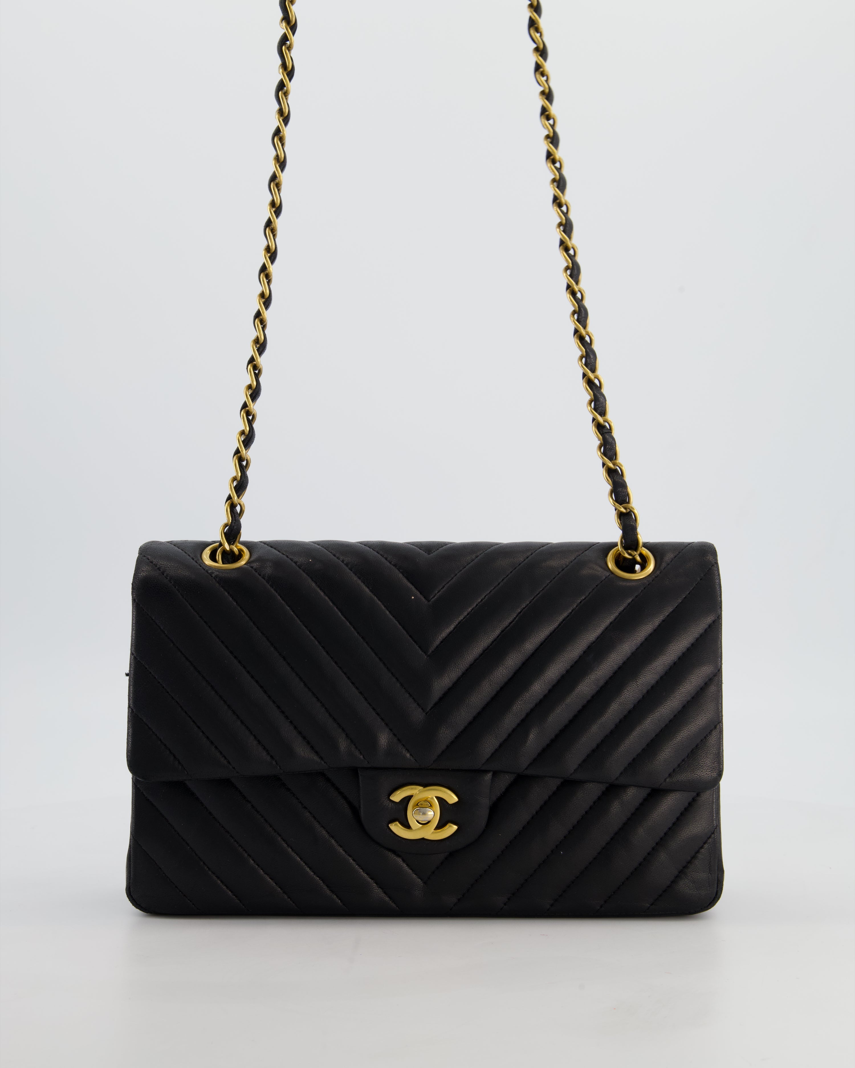 *FIRE PRICE* Chanel Black Chevron Medium Classic Double Flap Bag in Lambskin Leather with Gold Hardware