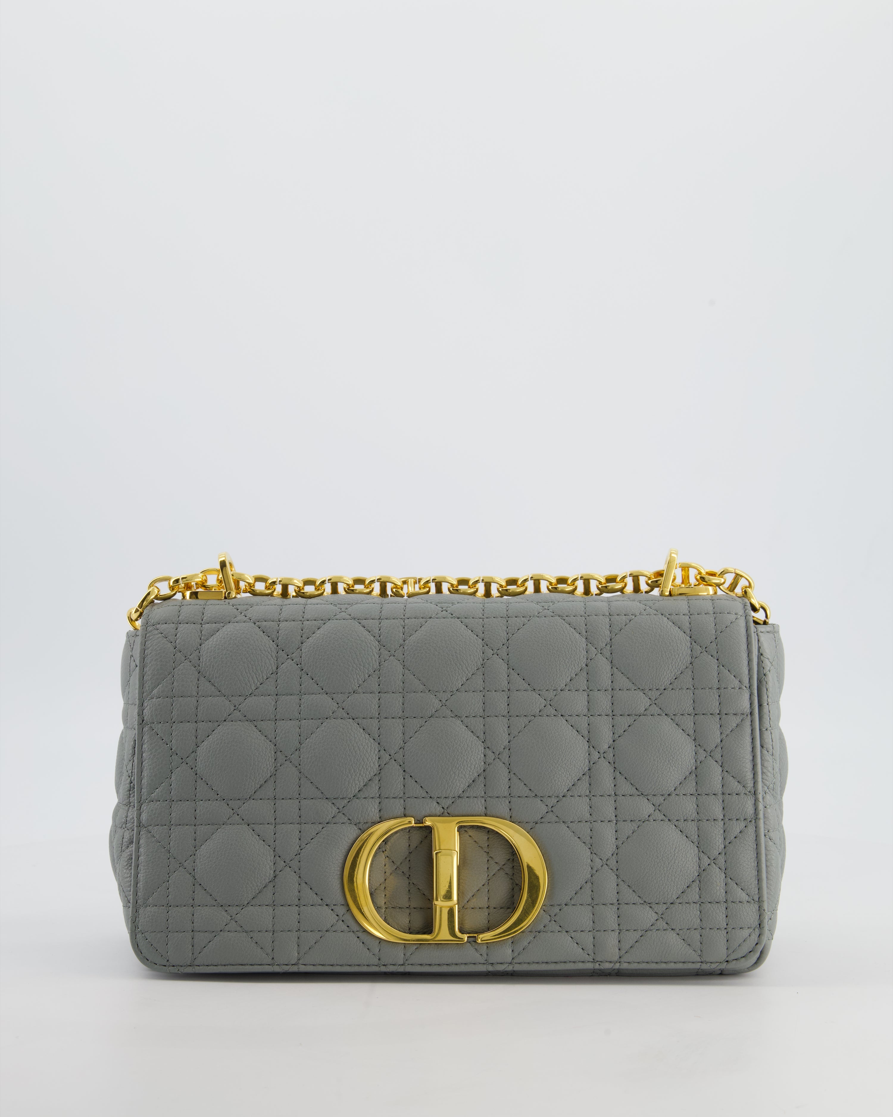 *FIRE PRICE* Christian Dior Grey Large Caro Supple Cannage Calfskin Leather Flap Bag With Gold Hardware