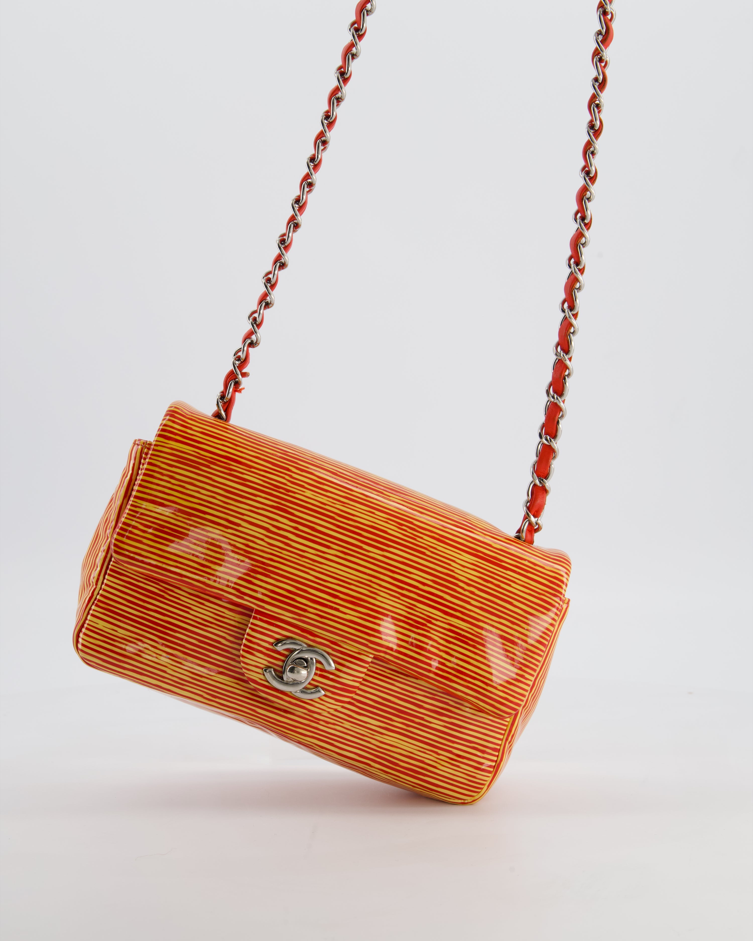 *FIRE PRICE* Chanel Red & Yellow Striped Mini Rectangular Flap Bag in Patent Leather with Silver Hardware